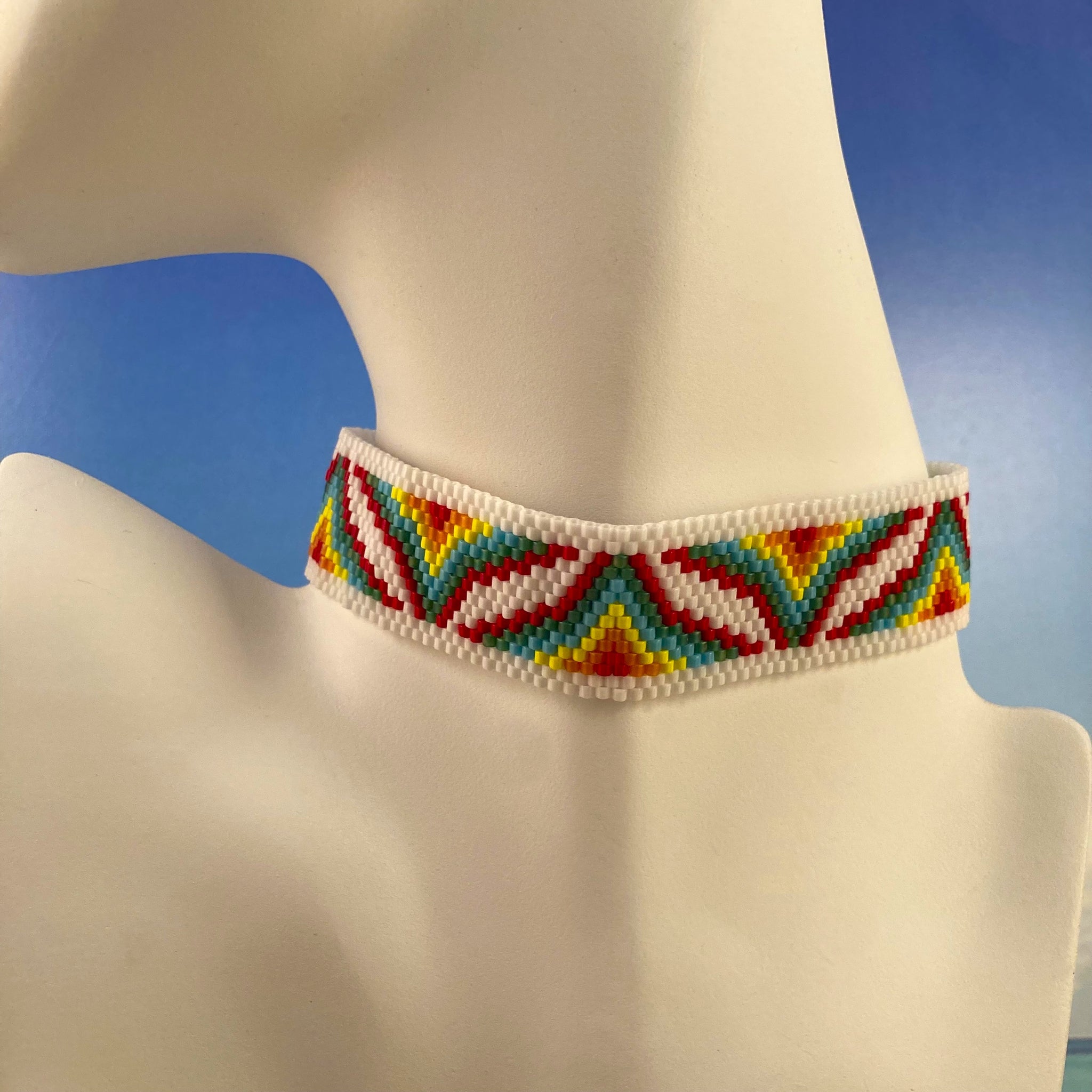 Beaded Choker Bright REd GReen Blue yellow peaks Ribbon Tie adjustable choker necklace hippie boho couture Vogue street wear Beaded By The Beach
