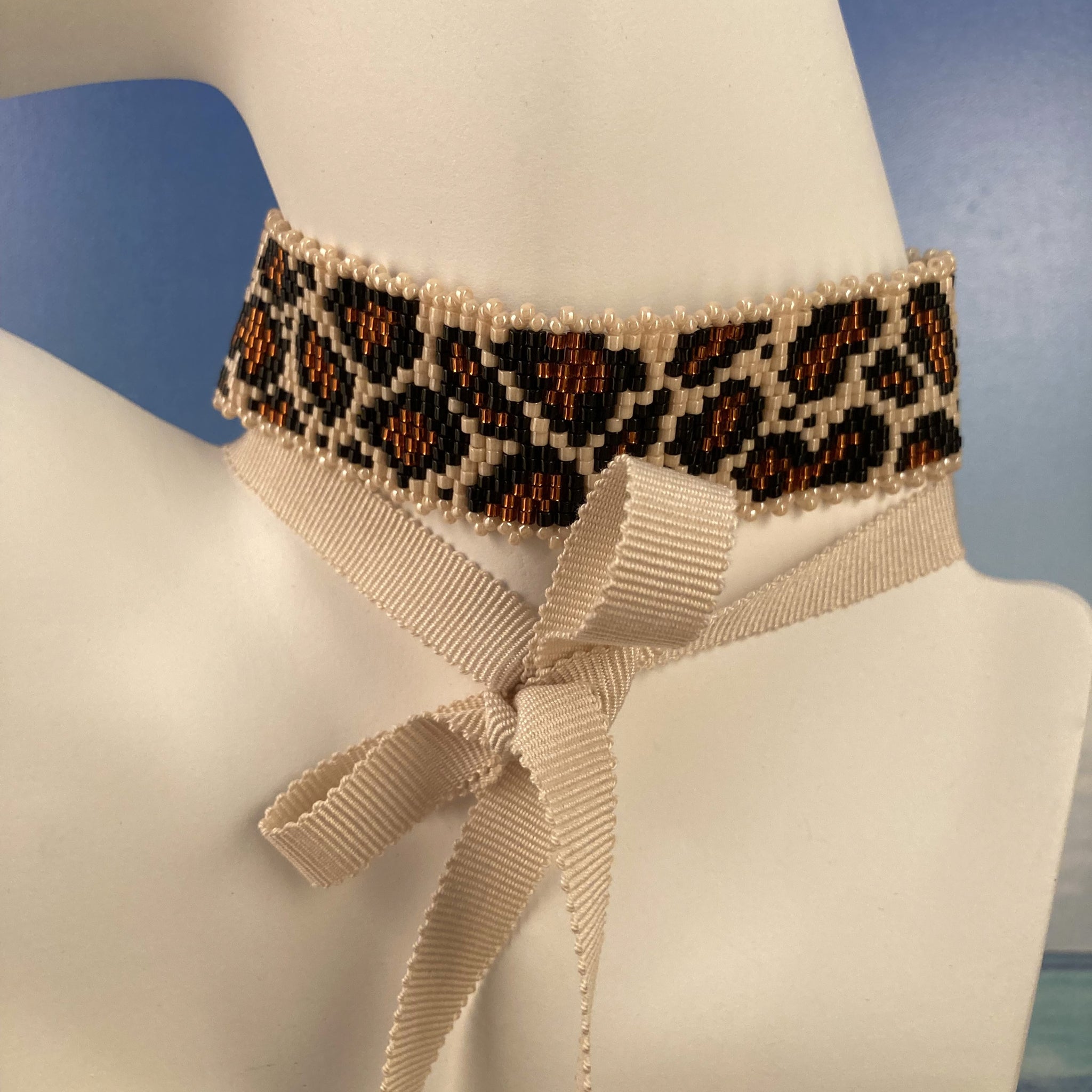 Beaded Collar Choker Ribbon Cheetah Leopard print animal Couture Peyote EDM Dance Party Wedding 70s Beaded By The Beach Artisan Handmade in USA Street Urban Hip Boho Vogue RAVE Edgy Ralph Lauren ELLE Runway Edgy Statement Artisan made necklace wide MADE IN USA