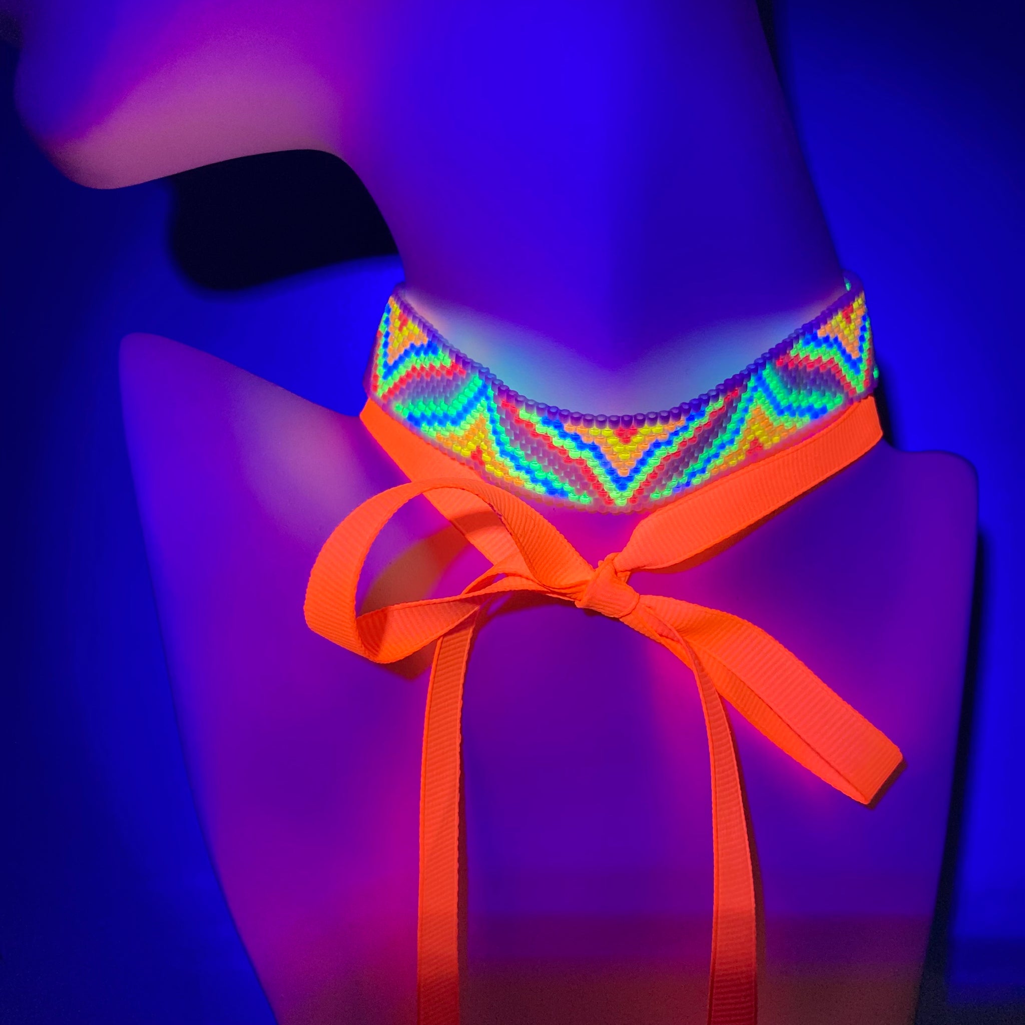 Beaded Collar QXT GLOW party Choker NEON EDM Ribbon Wild animal Couture Peyote EDM Dance night Wedding 70s Beaded By The Beach Artisan Handmade in USA Street Urban Hip Boho Vogue RAVE Edgy Ralph Lauren ELLE Runway Statement Artisan made necklace UV LIGHT Black