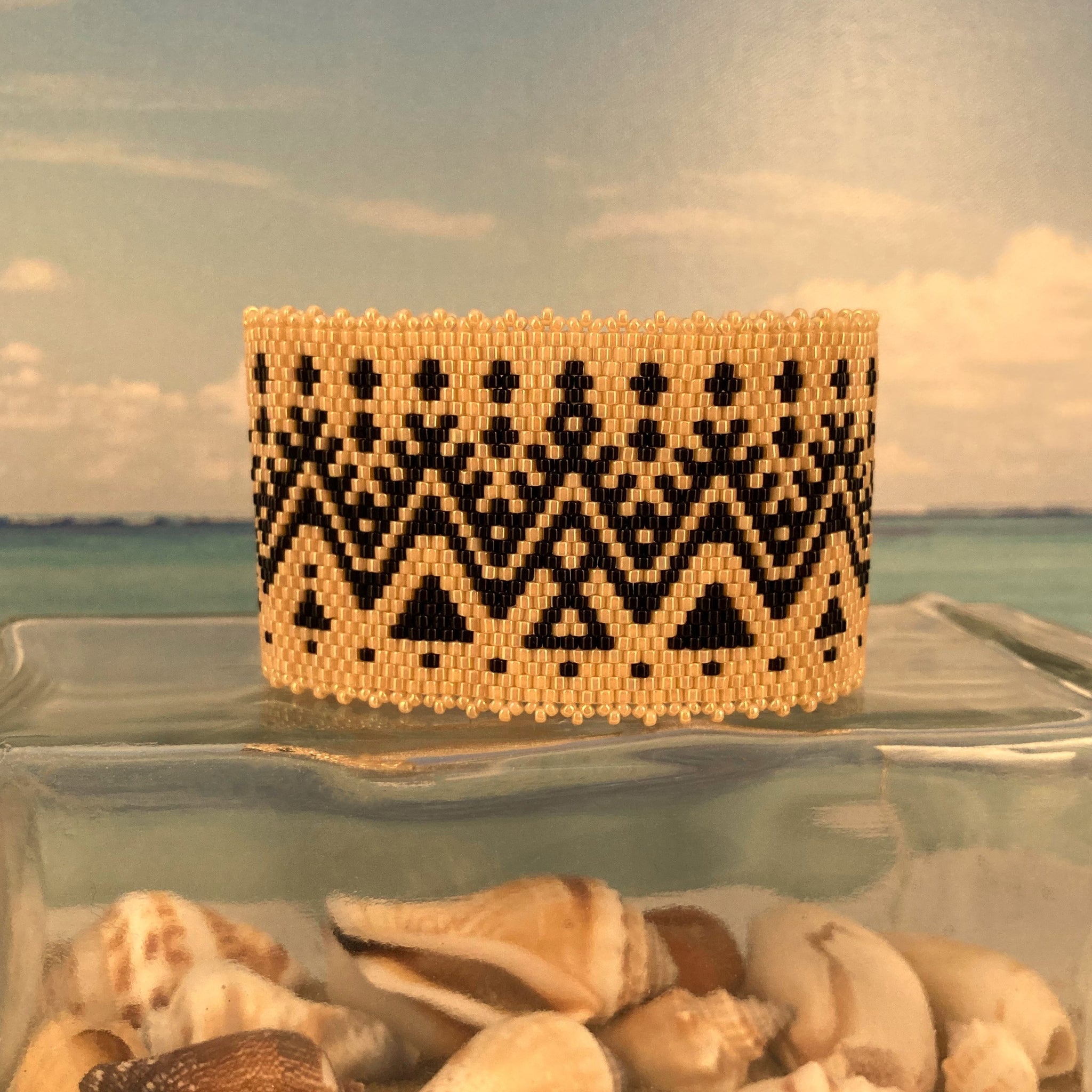 Beaded By The Beach Peyote Beige and Black bracelet boho couture Ralph Lauren stye MADE IN USA custom original design Southwest inspired
