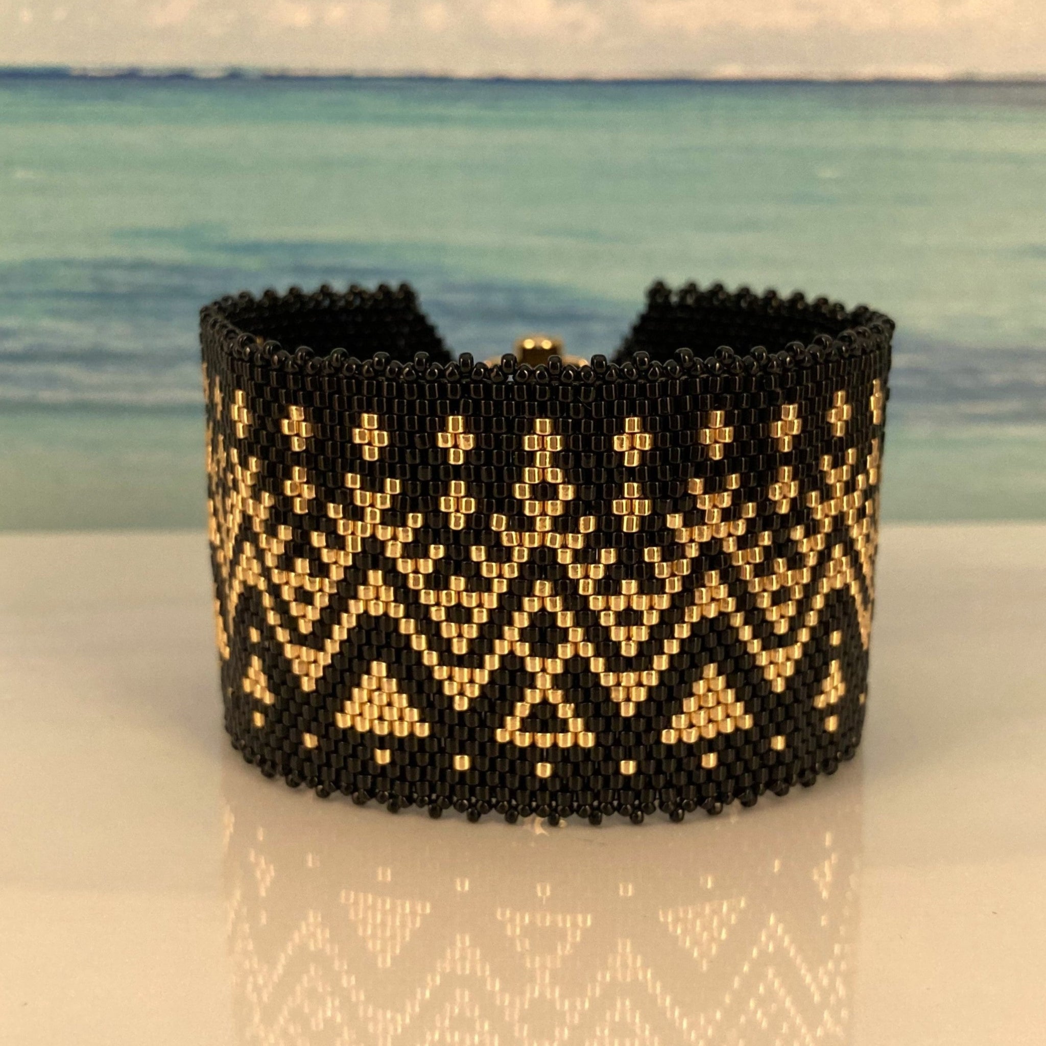 Peyote Black and Gold Bracelet Couture Artisan Handmade Elle Ralph Lauren Style Boho Southwest Lux statement Beaded By The Beach Vanderbilt Perdue NCAA