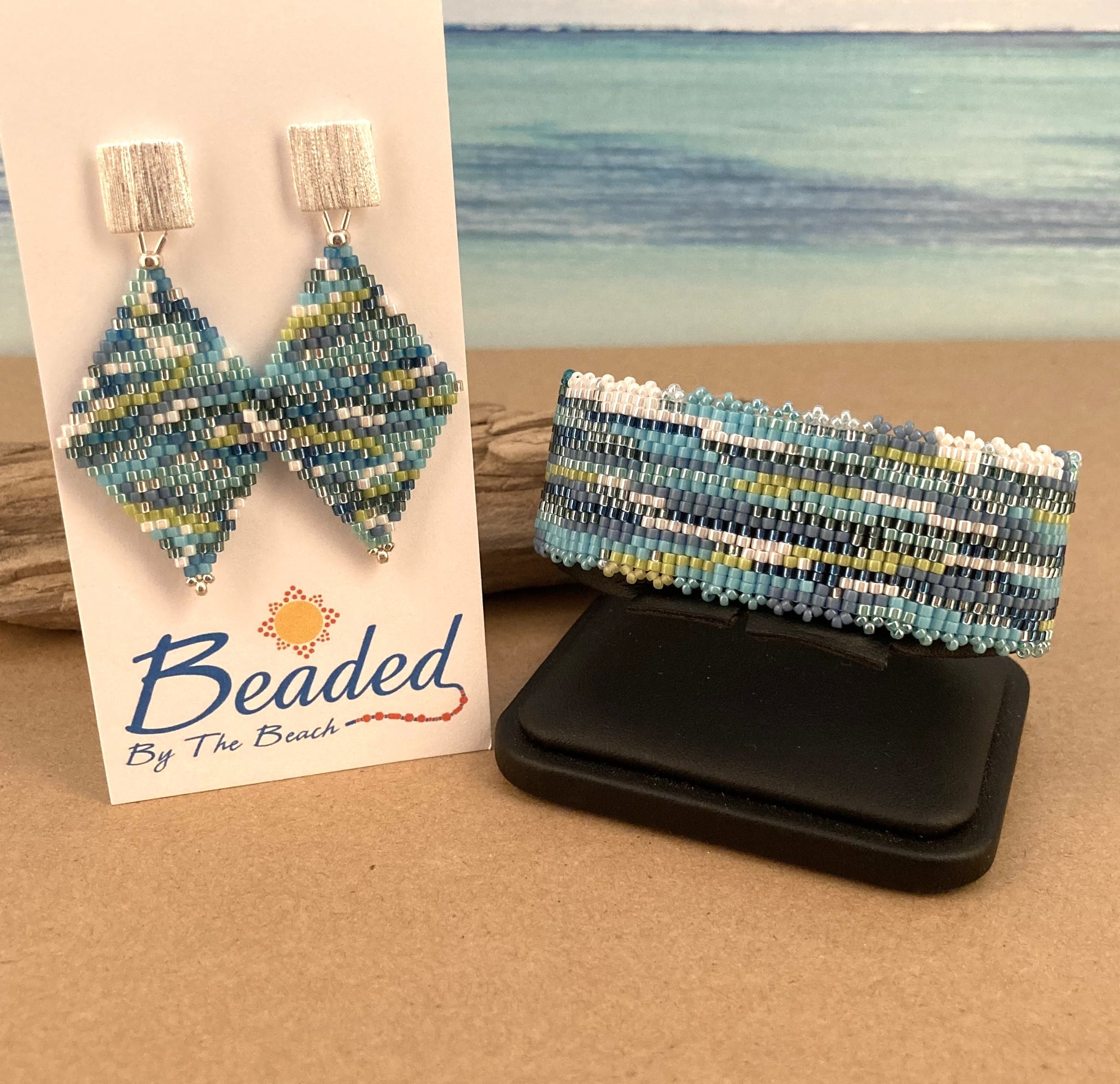 Beaded By The Beach Caribbean Colors Set Earrings Bracelet Ocean Beaded resort vacation Summer Beach MADE IN USA