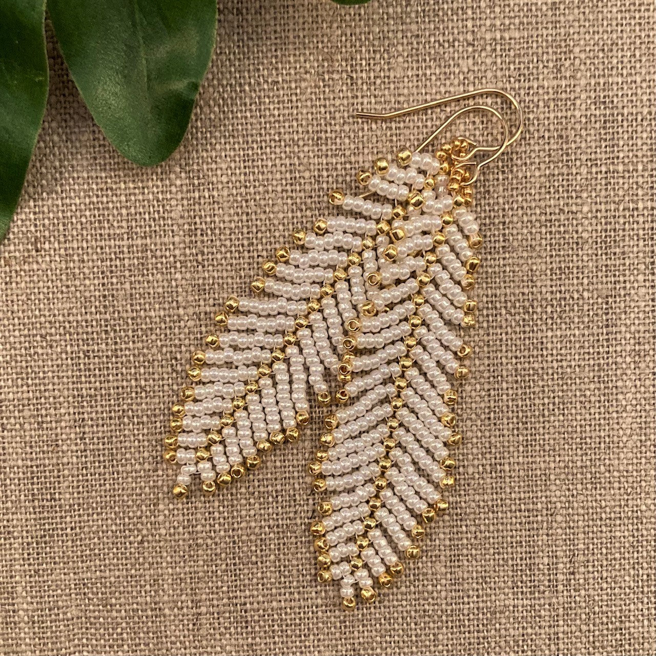 Feather Leaf Seed Bead Earrings Pearl White Bridal Summer destination Party Beach Wedding Gold 14K gold filled resort lightweight Beaded By The Beach handmade USA