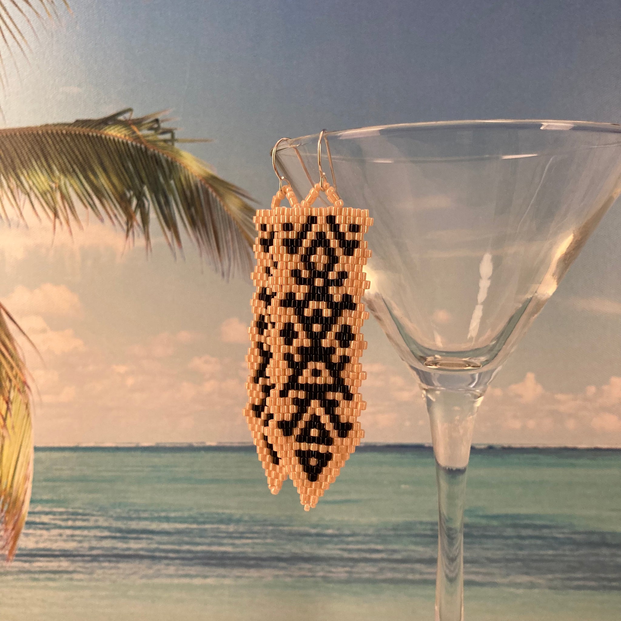 Southwest beaded earrings long peyote beige black Sterling Silver lightweight hippie boho Elle Couture hand made Beaded By The Beach Ralph Lauren jeans urban chic MADE IN USA
