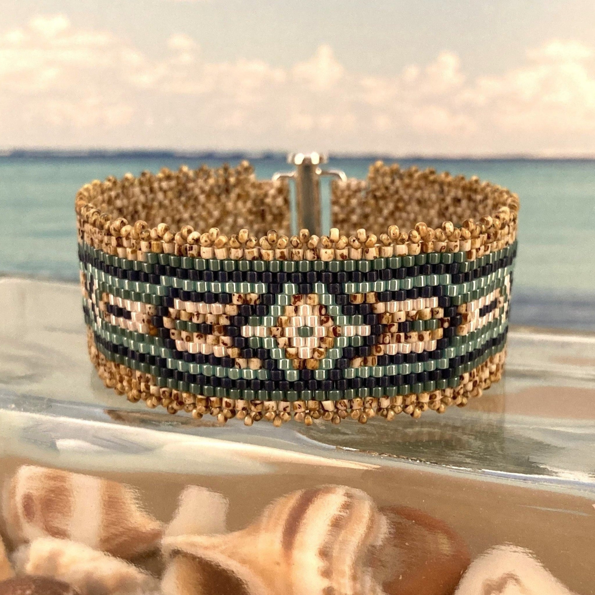 Beaded Peyote Beaded By The Beach jewelry Sandy Beach relaxed handmade artisan Ralph Lauren Style Couture Elle Boho Hippie Ocean Resort vacation style Made In USA