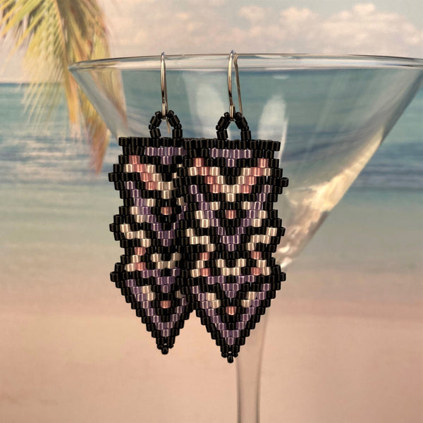 Bold Southwest style Beaded Arrow Earrings Peyote Black Purple white pink Goth party lightweight sterling silver handmade USA custom artisan prom resort relaxed Beaded By The Beach