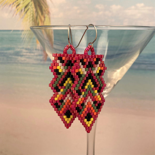 Beaded Arrow earrings Peyote Red Black Green Yellow White Orange Festive colorful Southwest boho vibe Party ranch cow girl Mexico Bold  Beaded By The Beach