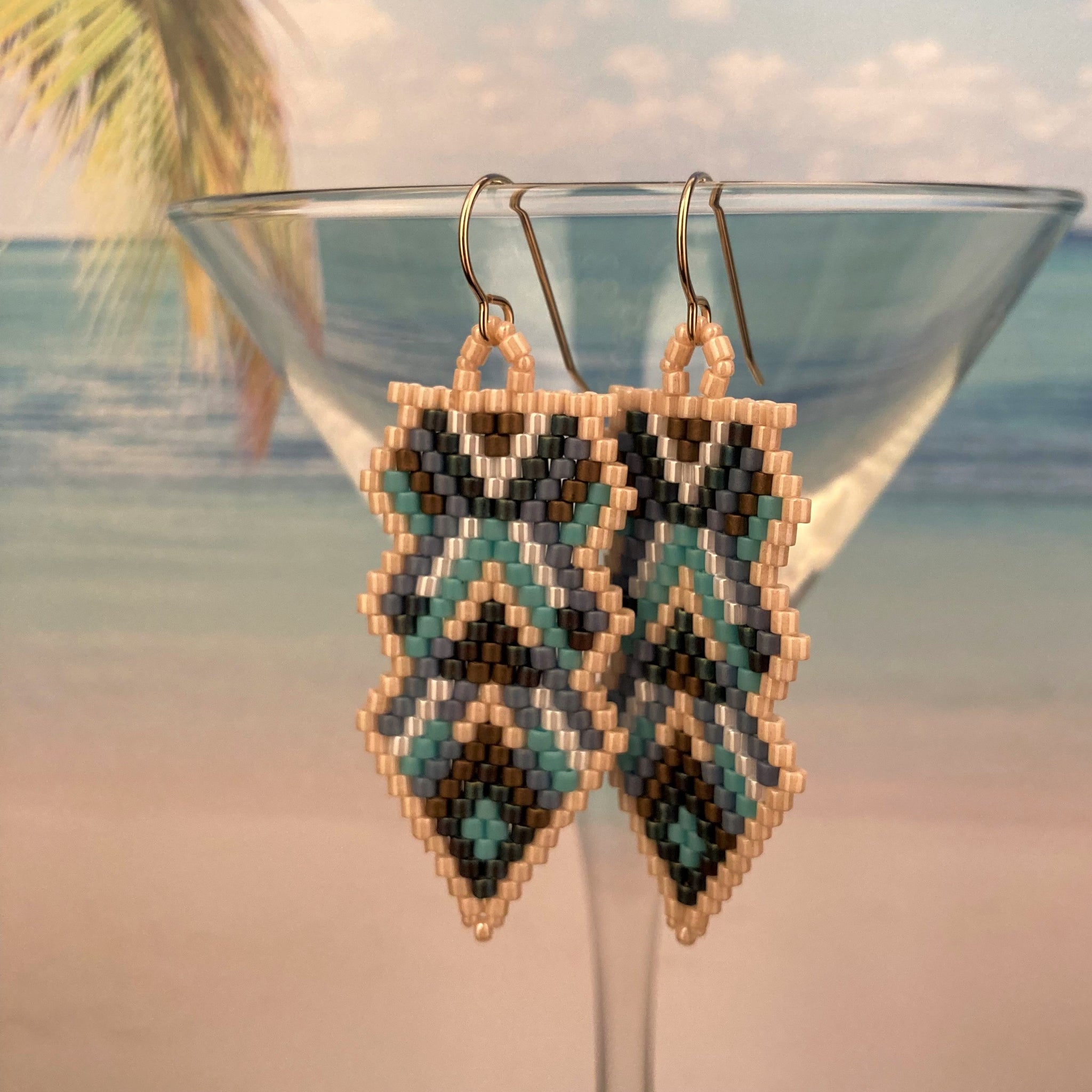 Beaded Arrow Peyote Bead earrings Southwest boho vibe shaped edges feminine blue sandy neutral cream tan farm cow girl relaxed party resort USA made artisan custom Beaded By The Beach