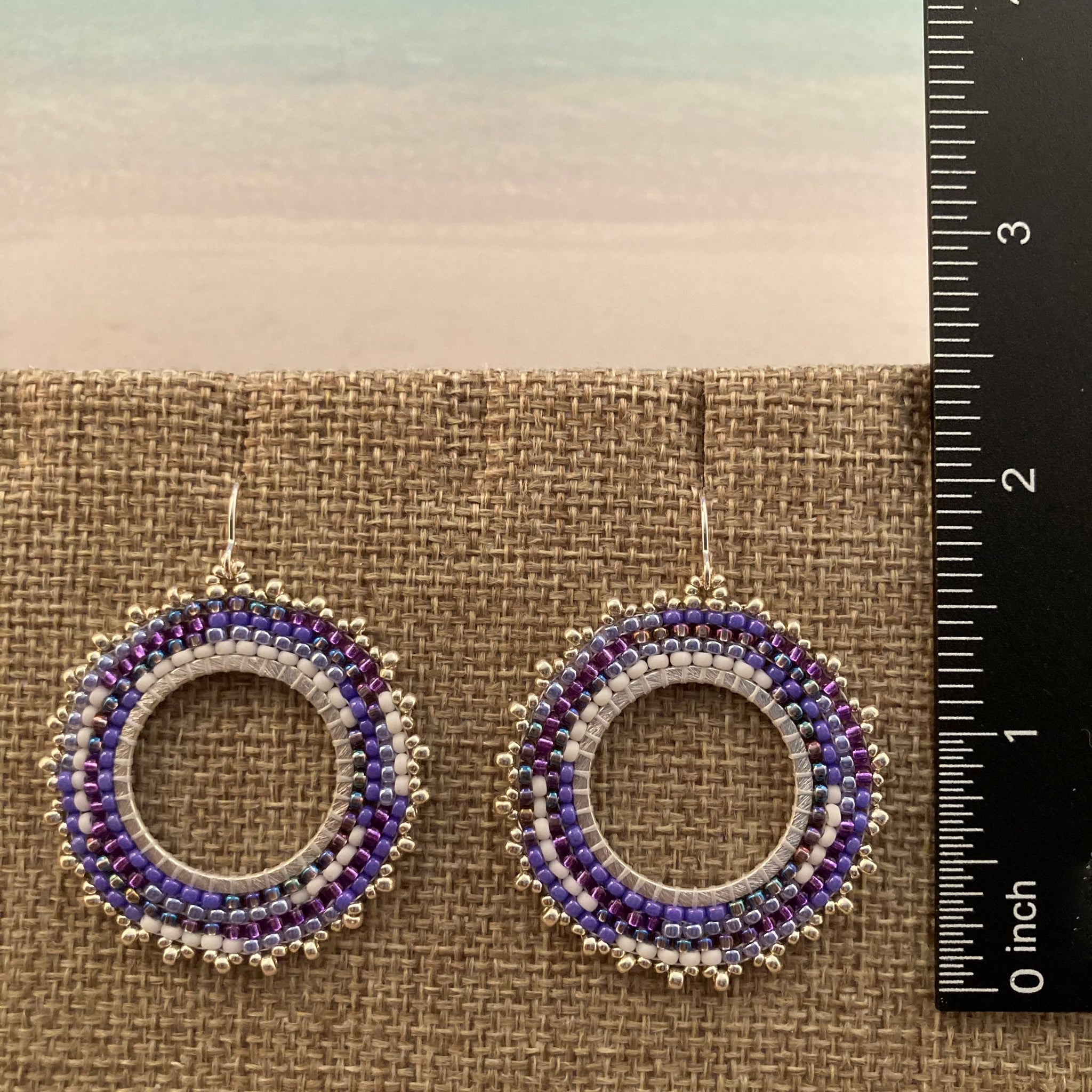 Petite Purple White and Silver Beaded Hoops