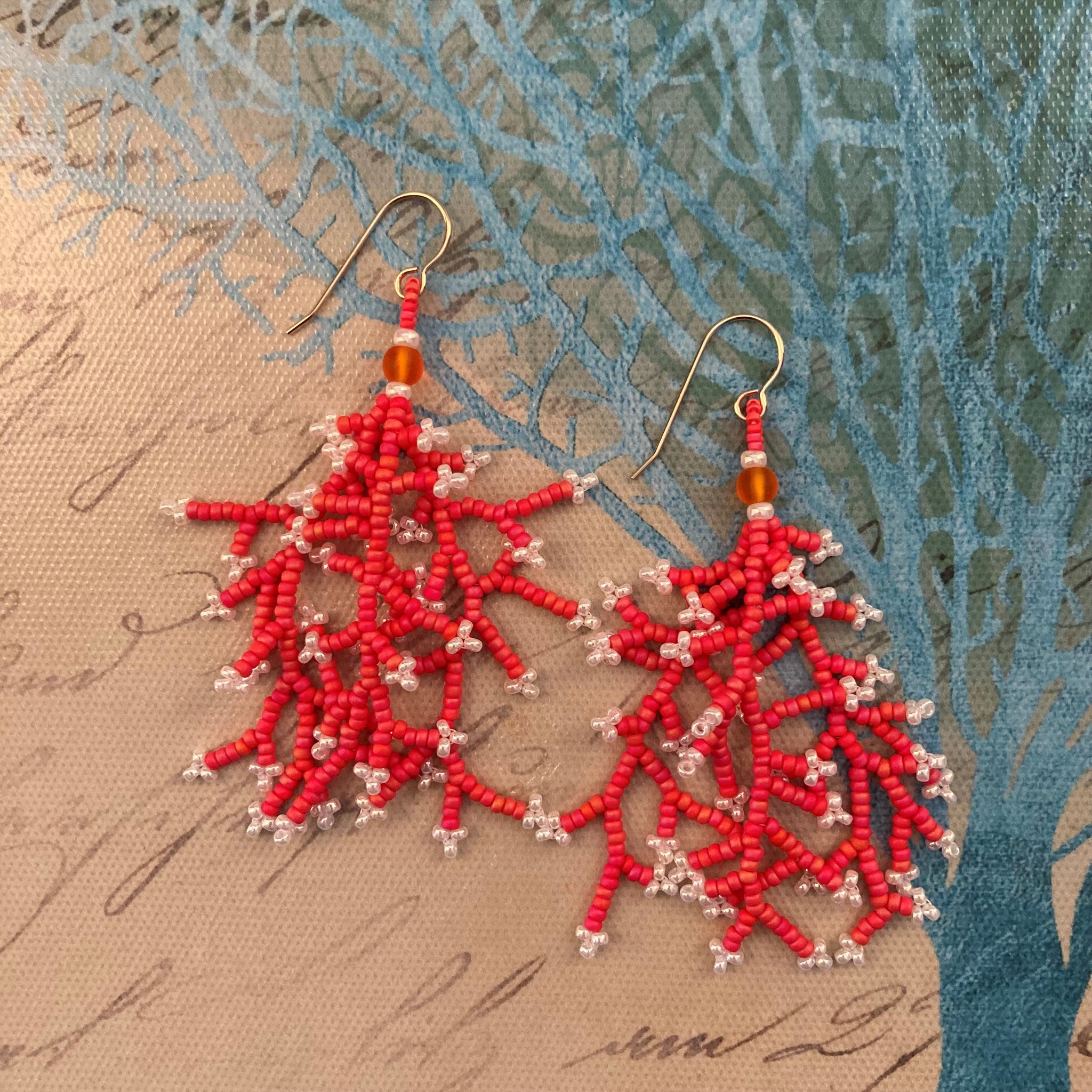 Coral branch tassel seed bead earrings full flirty lightweight resort vacation Summer Spring style ocean beach bride bridal surf earrings  prom wedding custom USA custom artisan handmade Sterling Silver 14k Gold filled