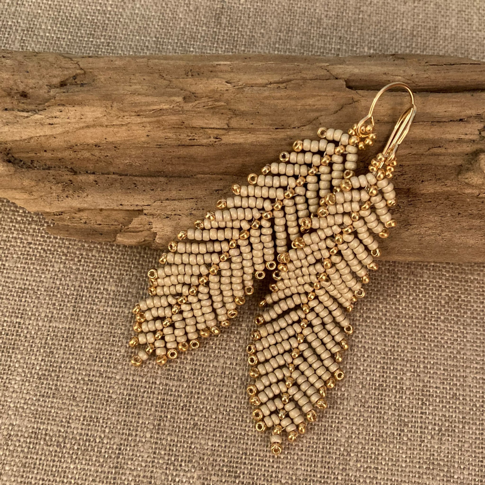 Feather Leaf Seed Bead Earrings Beige Taupe Gold 14K gold filled resort beach Summer lightweight Beaded By The Beach handmade USA