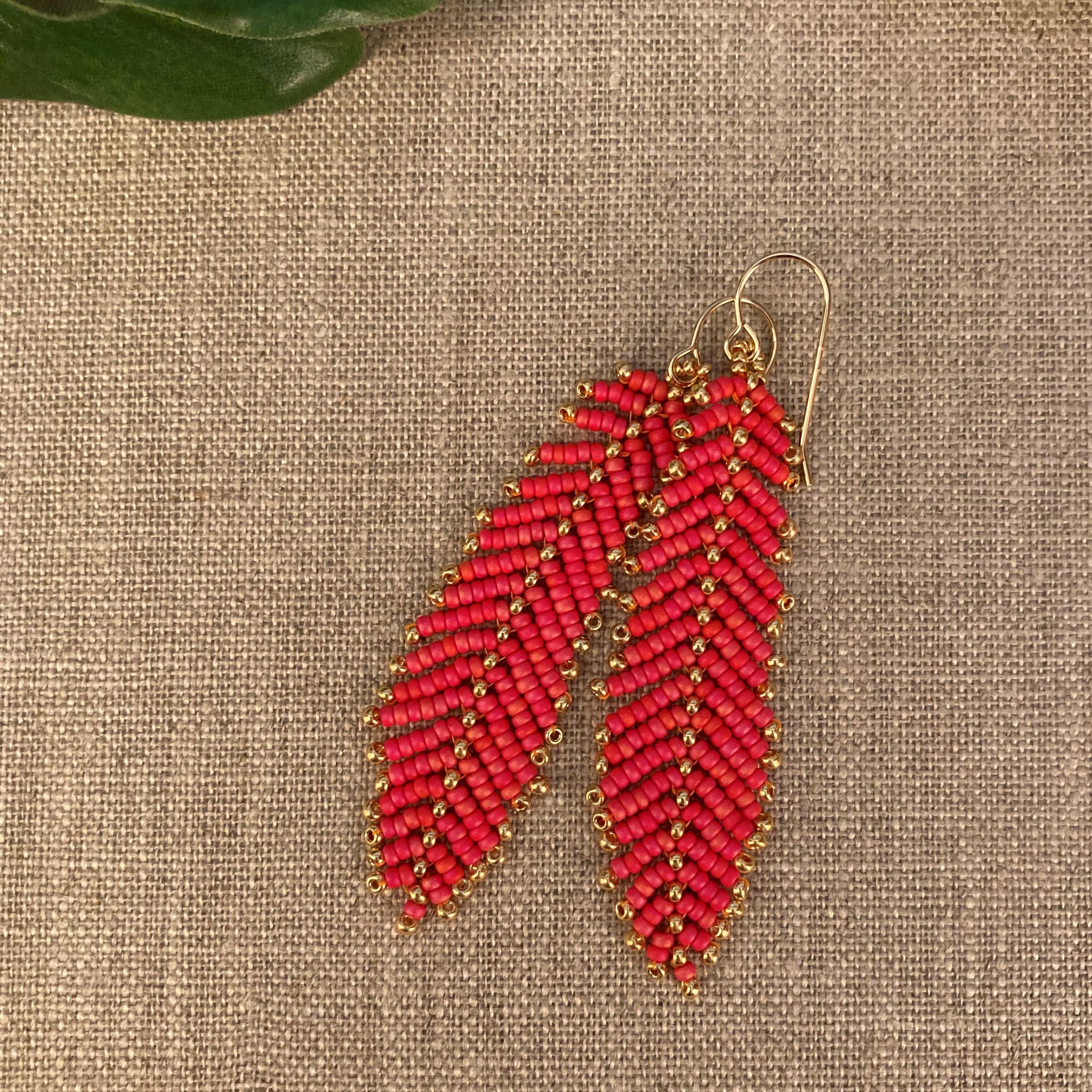 Feather Leaf Seed Bead Earrings Coral Gold 14K gold filled resort beach Summer lightweight Beaded By The Beach handmade USA
