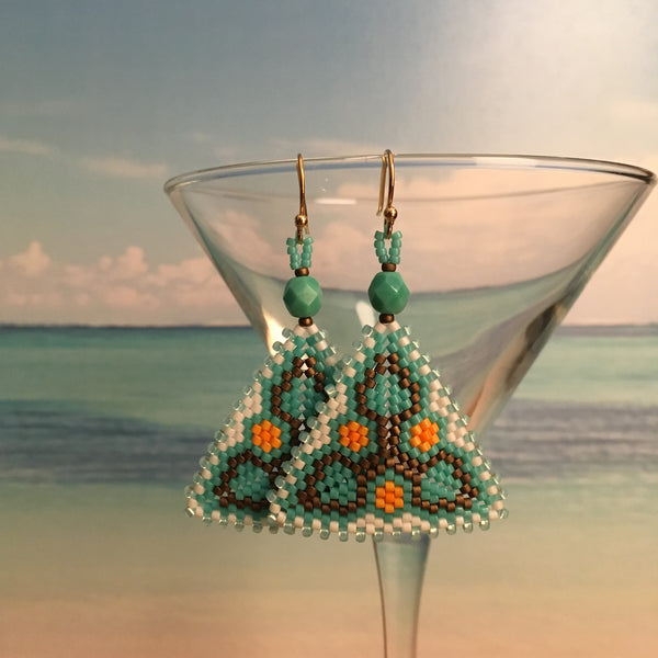 Beaded triangle modern flower leaf earrings handmade geometric turquoise Beaded By The Beach