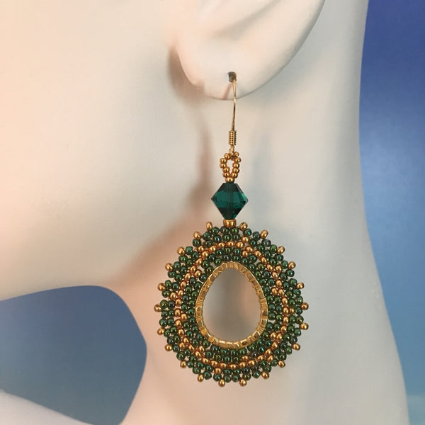 Handmaded beaded oval earrings emerald green and gold Swarovski crystals original lightweight design elegant bridal party prom