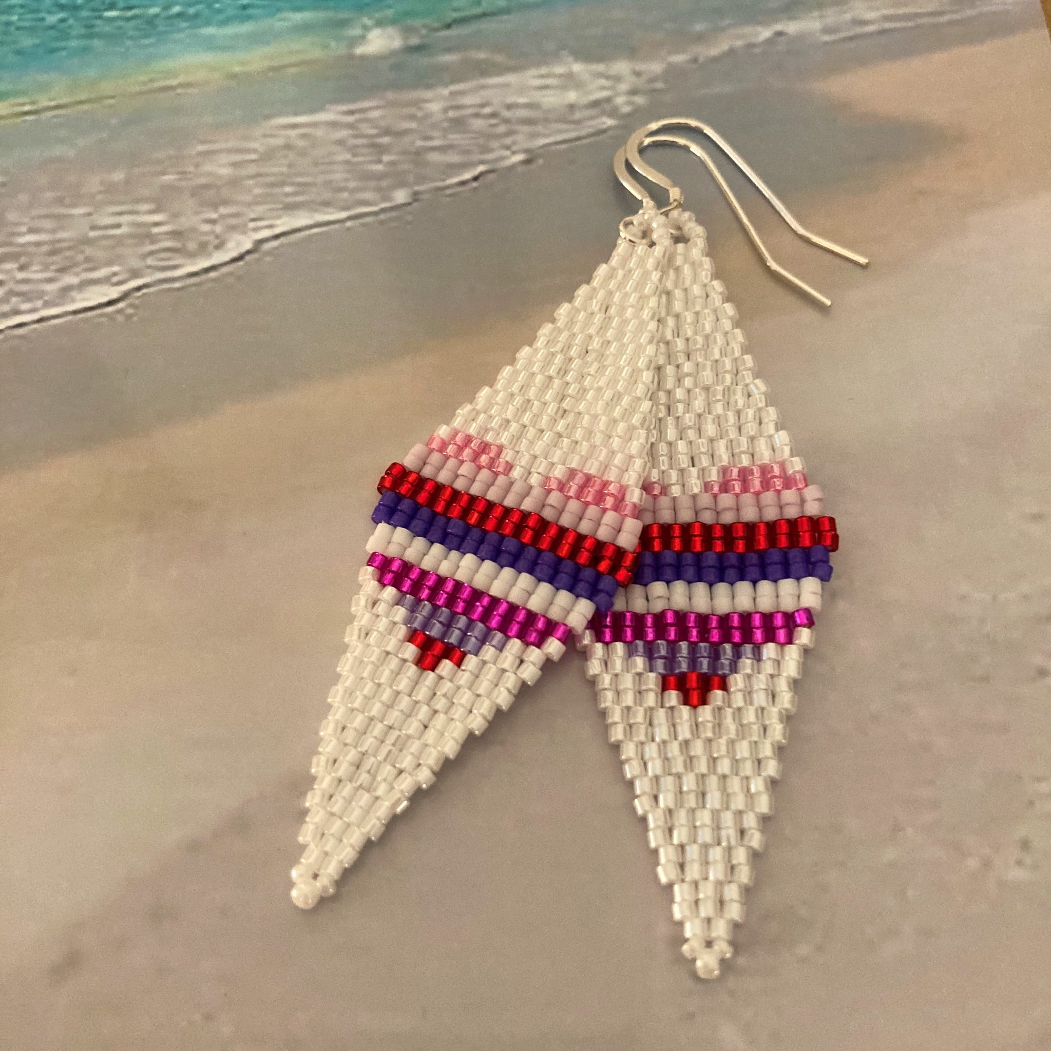 Ombre pink purple red in hearts stripes fill beaded hearts earrings 14K gold filled ear wires white background beach Summer fun boho young resort playa style Beaded By The Beach swim dance cruise party ocean USA hand made vacation accessories jewelry