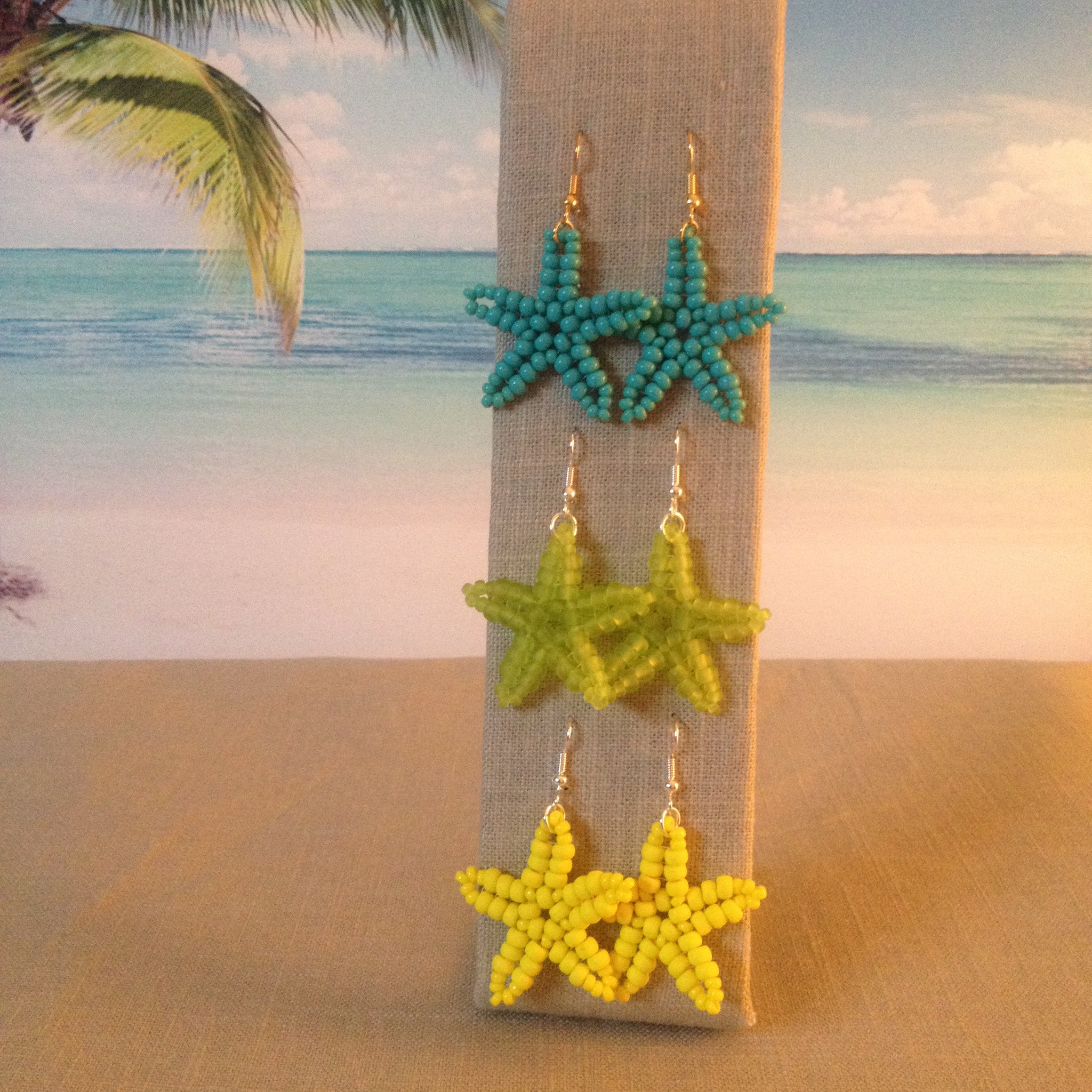 Starfish Beaded Turquoise Lime Sunny Yellow Earrings handmade 