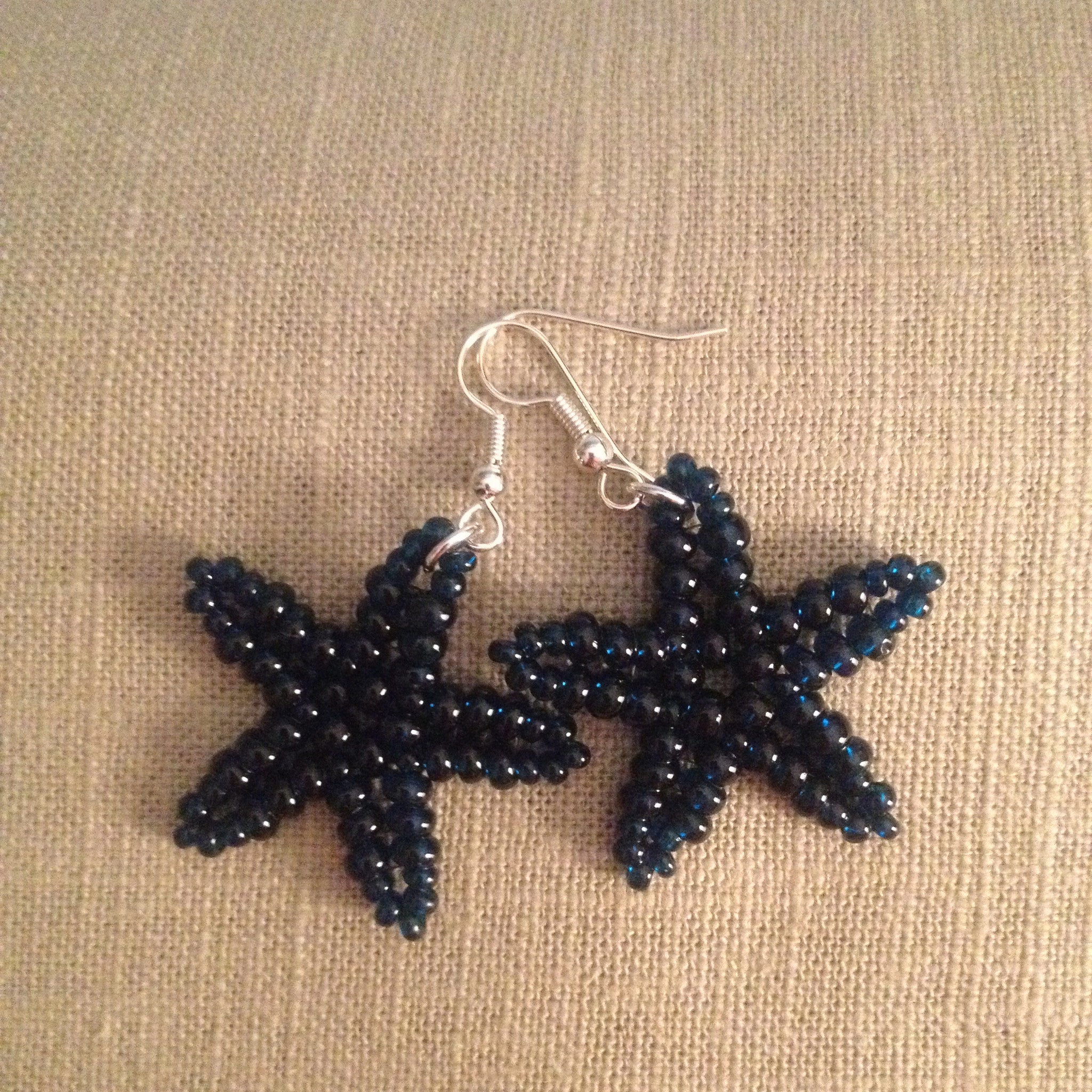 Starfish beaded handmade earriings in Navy blue resort cruise wear style beachy fun 