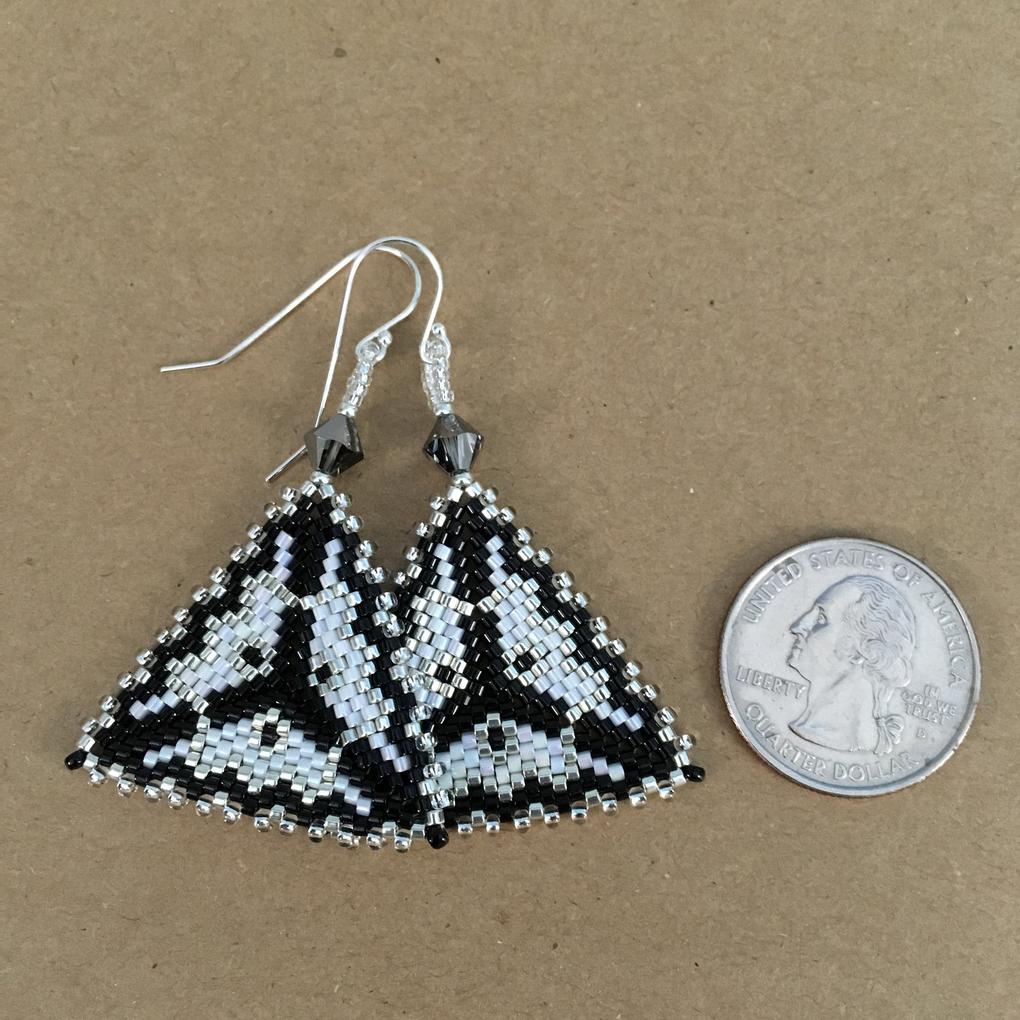 Silver, Black and White Contemporary Triangle Earrings