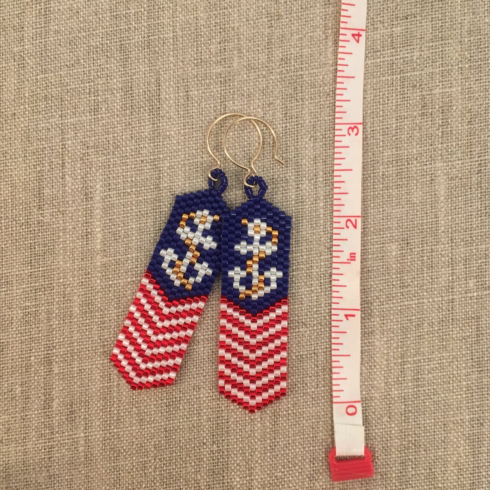 Patriotic Nautical Anchor USA Red White Blue Beaded Earrings 