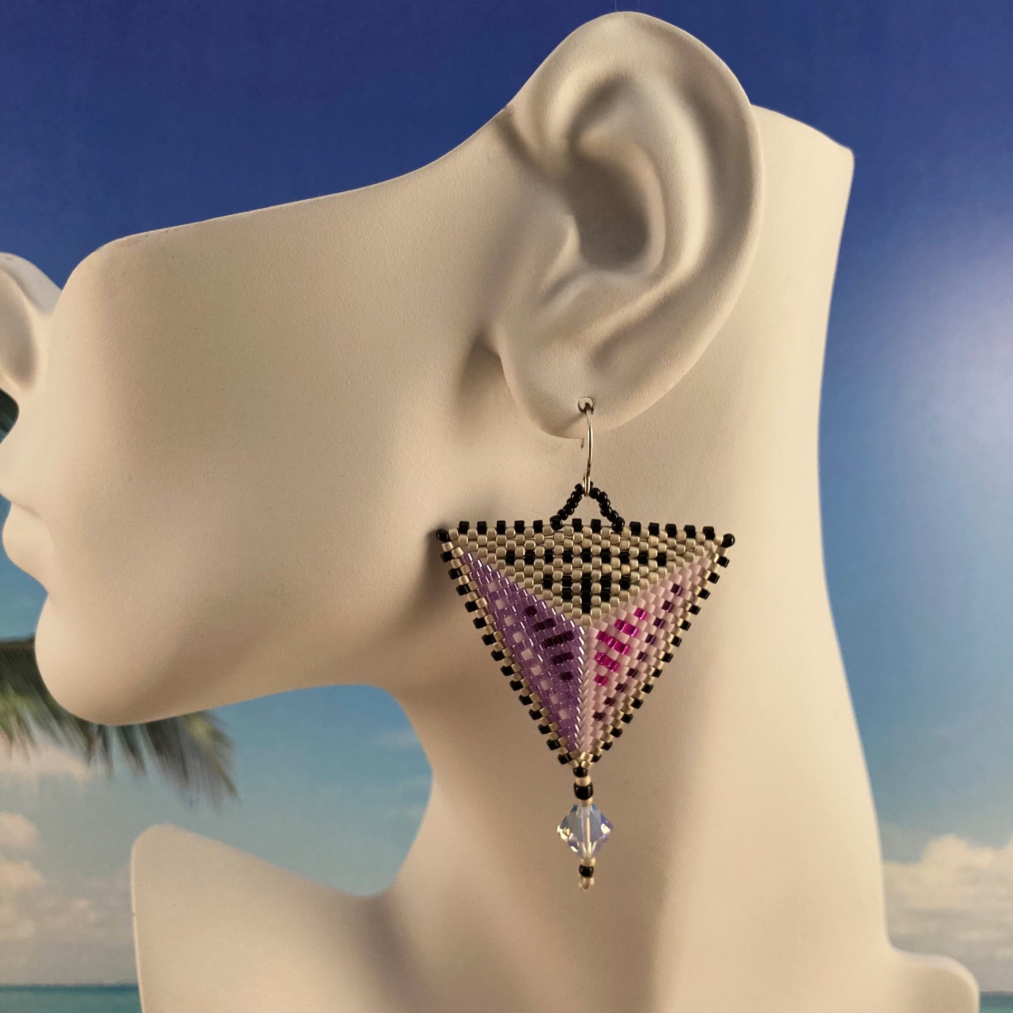 Lilac purple and pink Contemporary Modern Geometric Triangle Beaded Earrings matching Large Swarovski crystals sterling silver ear wires lightweight stunning artisan handmade Beaded By The Beach couture party 