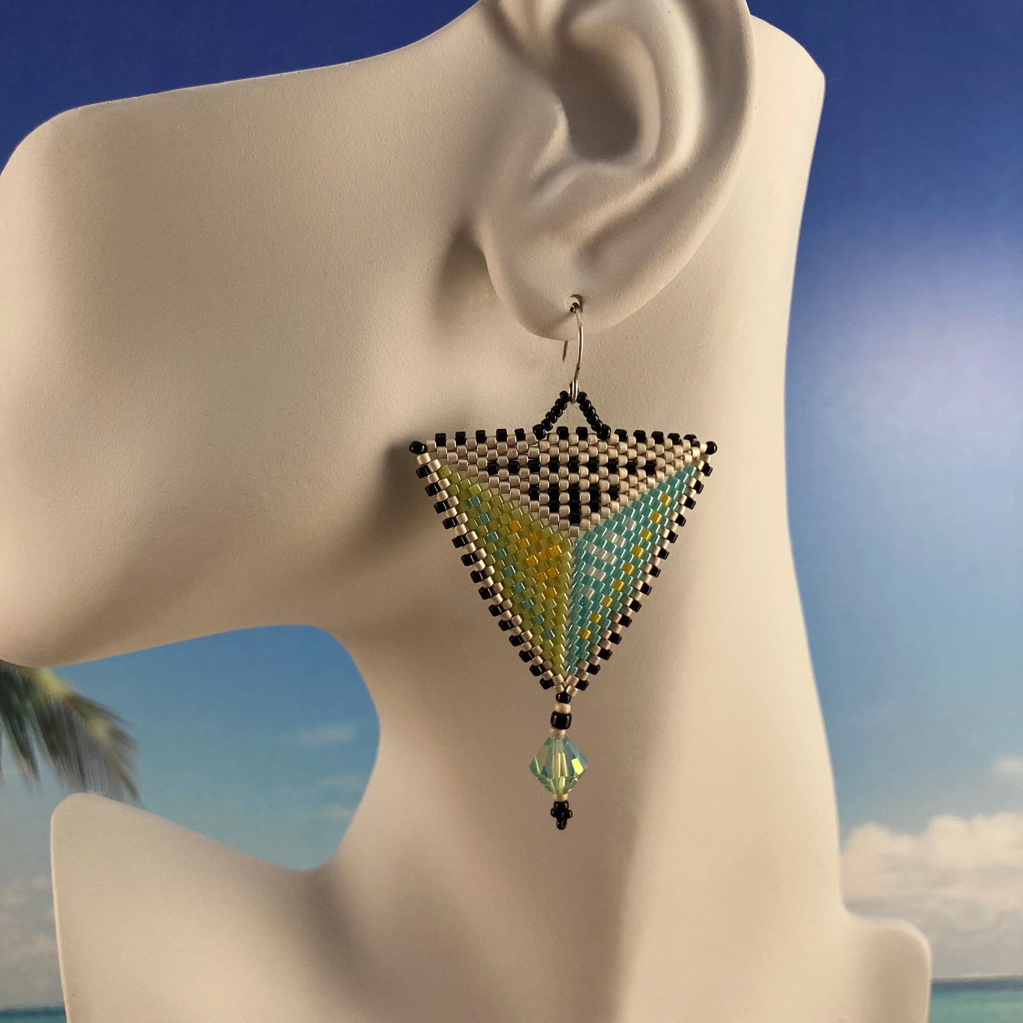 Lime and turquoise Beaded Geometric Triangles Earrings with Large matching Genuine Swarovski Crystals Beaded By The Beach Artisan Handmade couture Stunning Party