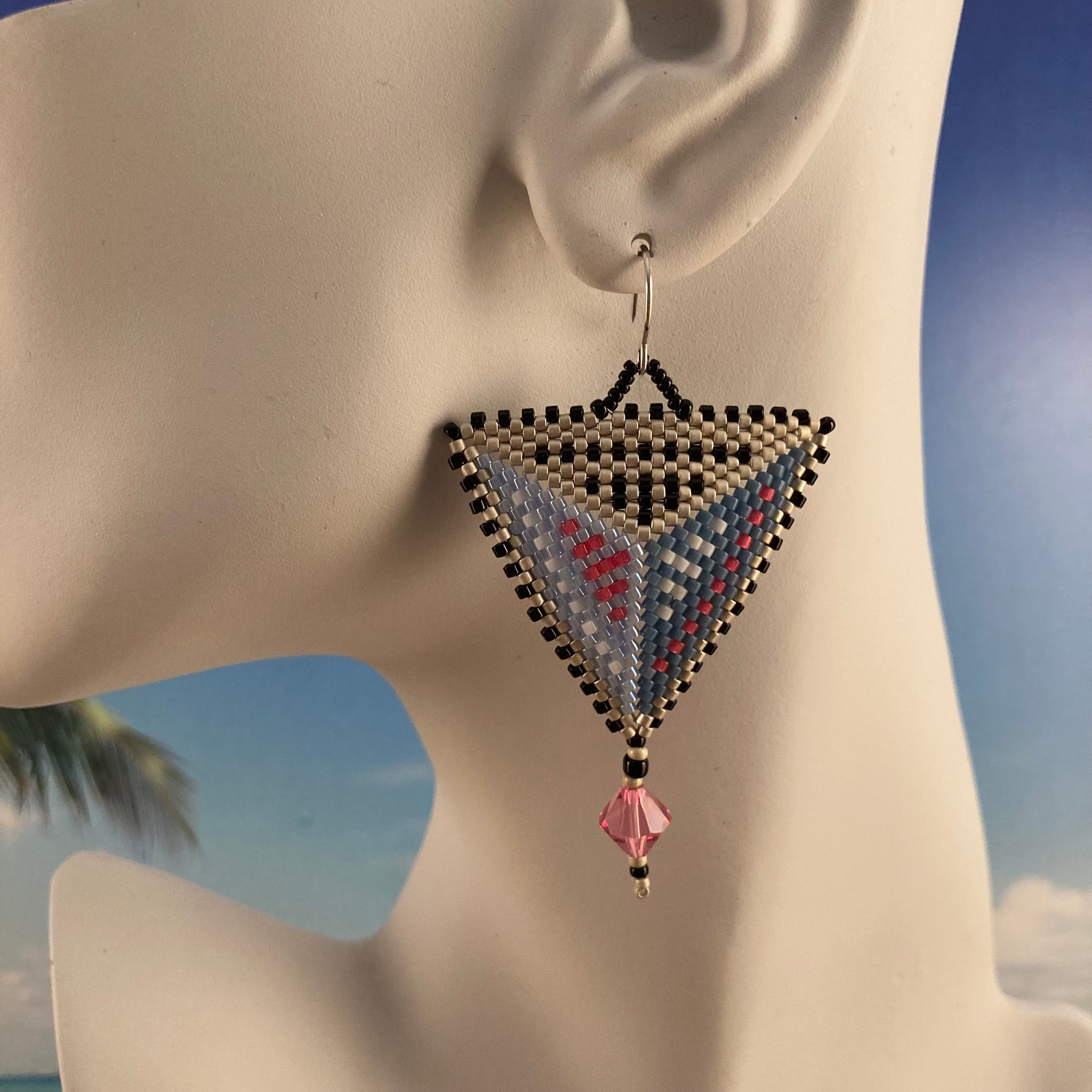 Beaded Geometric Triangle Earrings Artisan Handmade Beaded by The Beach Light Blue Denim Blue with Matching Large Genuine Swarovski Crystals Stunning Couture party