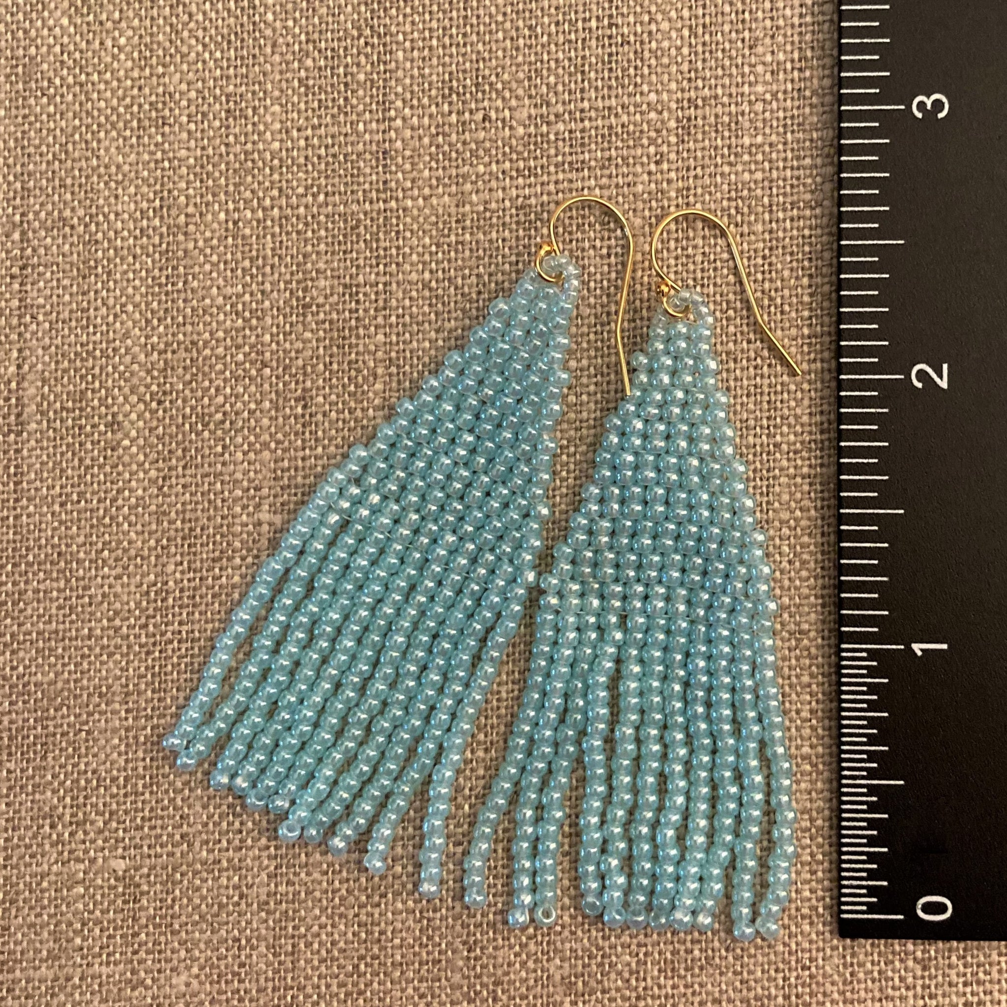 Petite Large Sky Blue Beaded Tassel Fringe Earrings