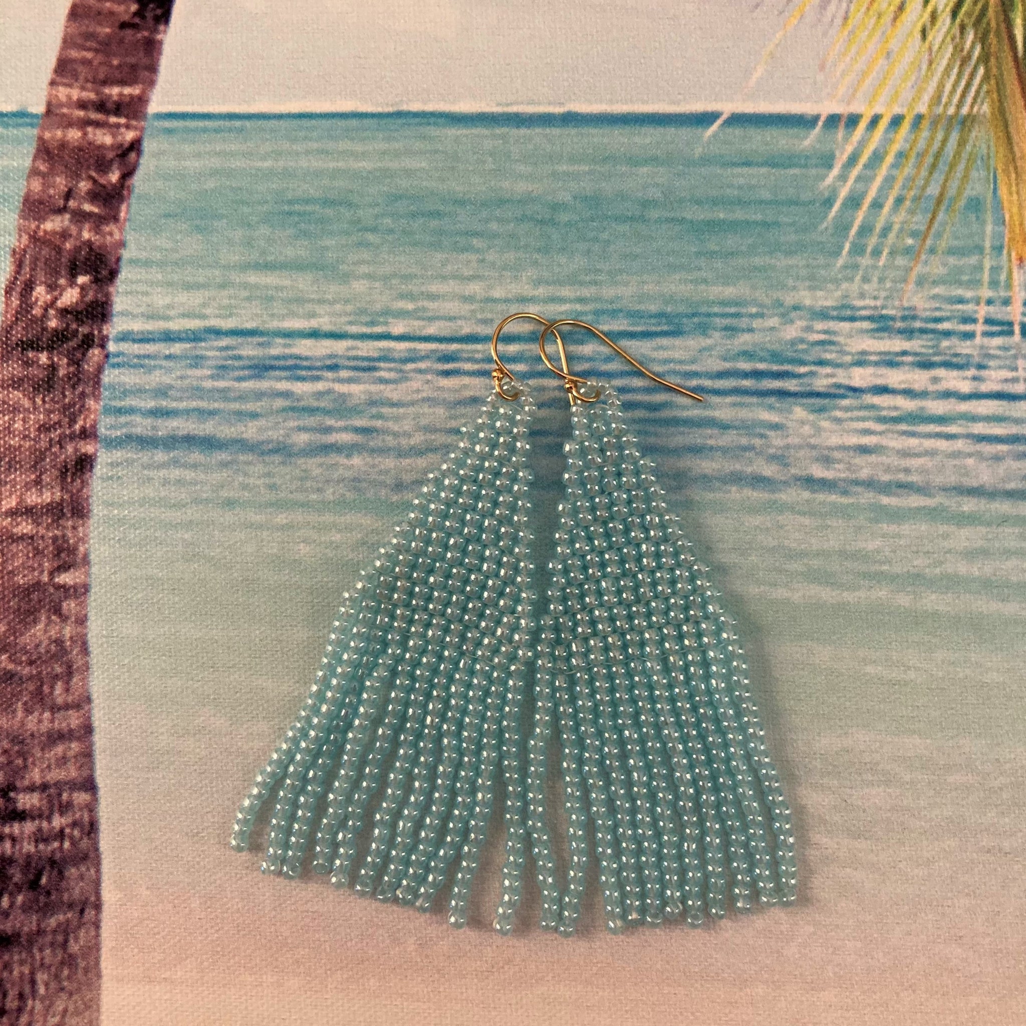Sky Blue smaller beaded tassel fringe more petite earrings lightweight resort elegant summer Beaded By The Beach swim dance cruise party ocean USA hand made vacation accessories jewelry