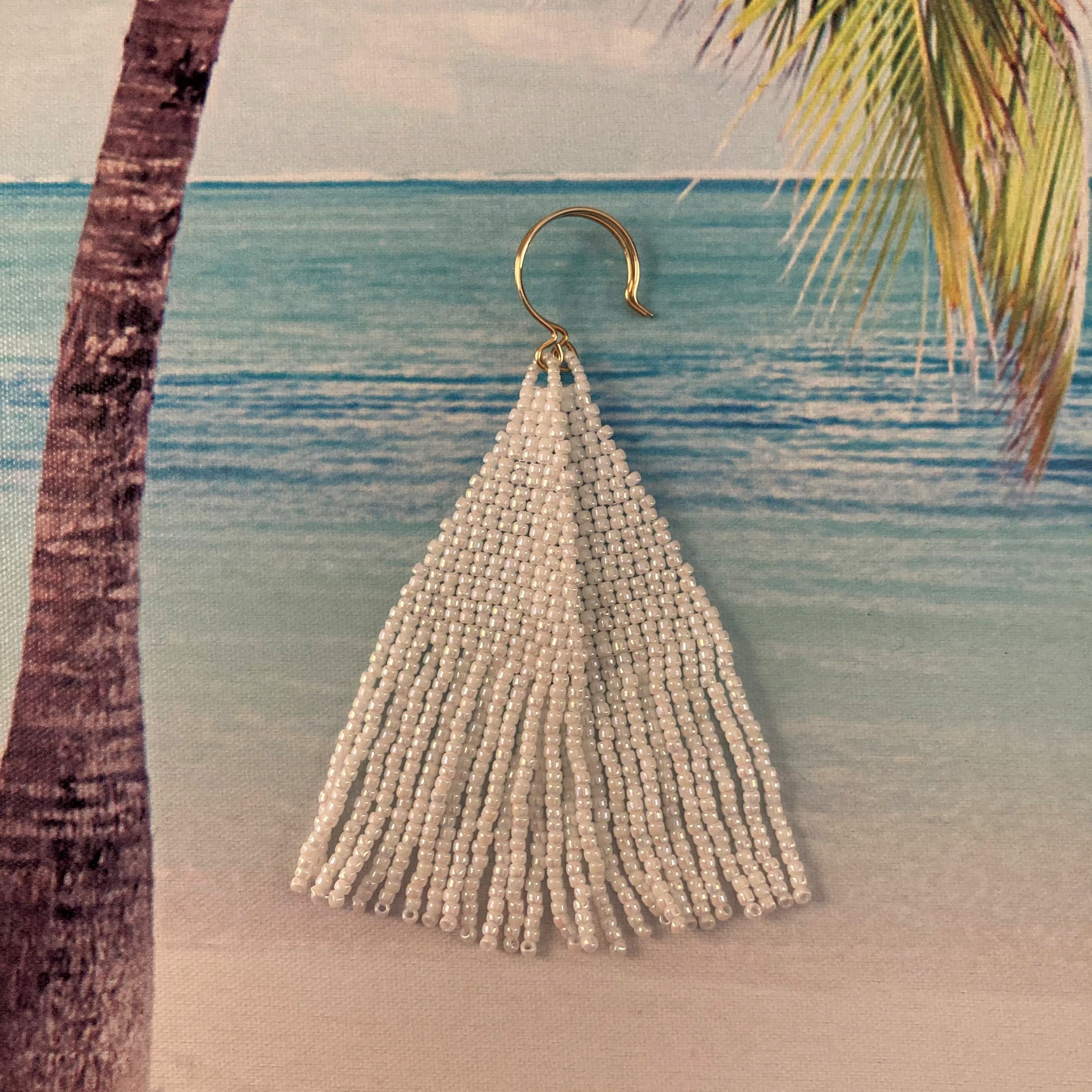 Pearly White Beach wedding beaded tassel fringe earrings elegant gold filled lightweight resort vacation Beaded By The Beach summer swim dance party ocean USA hand made custom