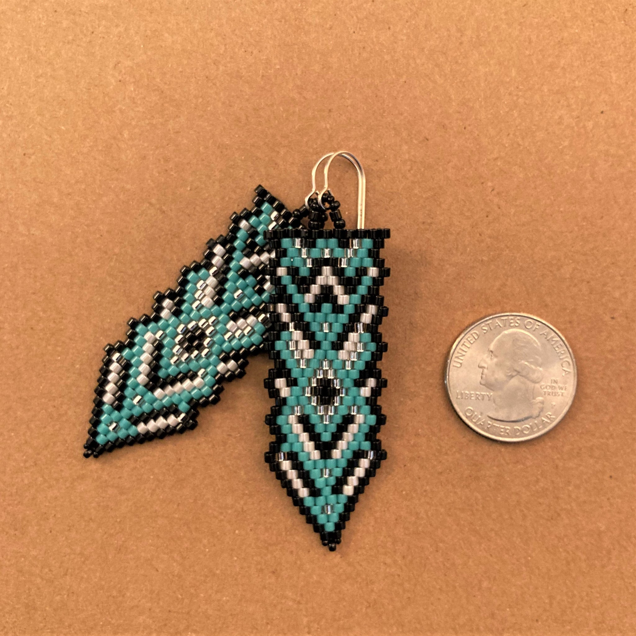 Long Beaded Arrow Earrings in Turquoise Black White and Silver