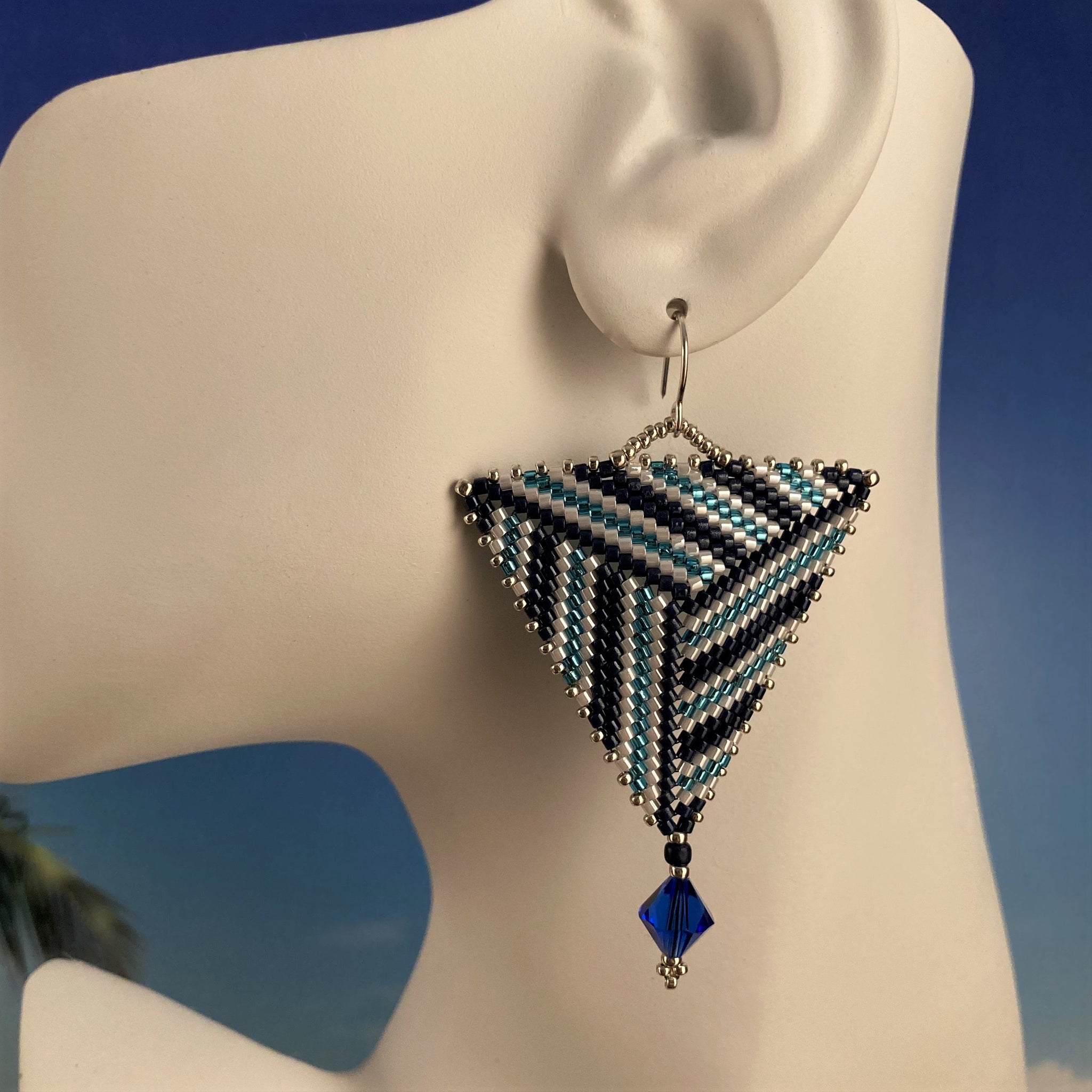 Villanova University NOVA earring colors Modern beaded triangle Swarovski crystals Sterling silver ear wires VU Unique Beaded By The Beach NCAA Basketball elegant gameday earringsChamps