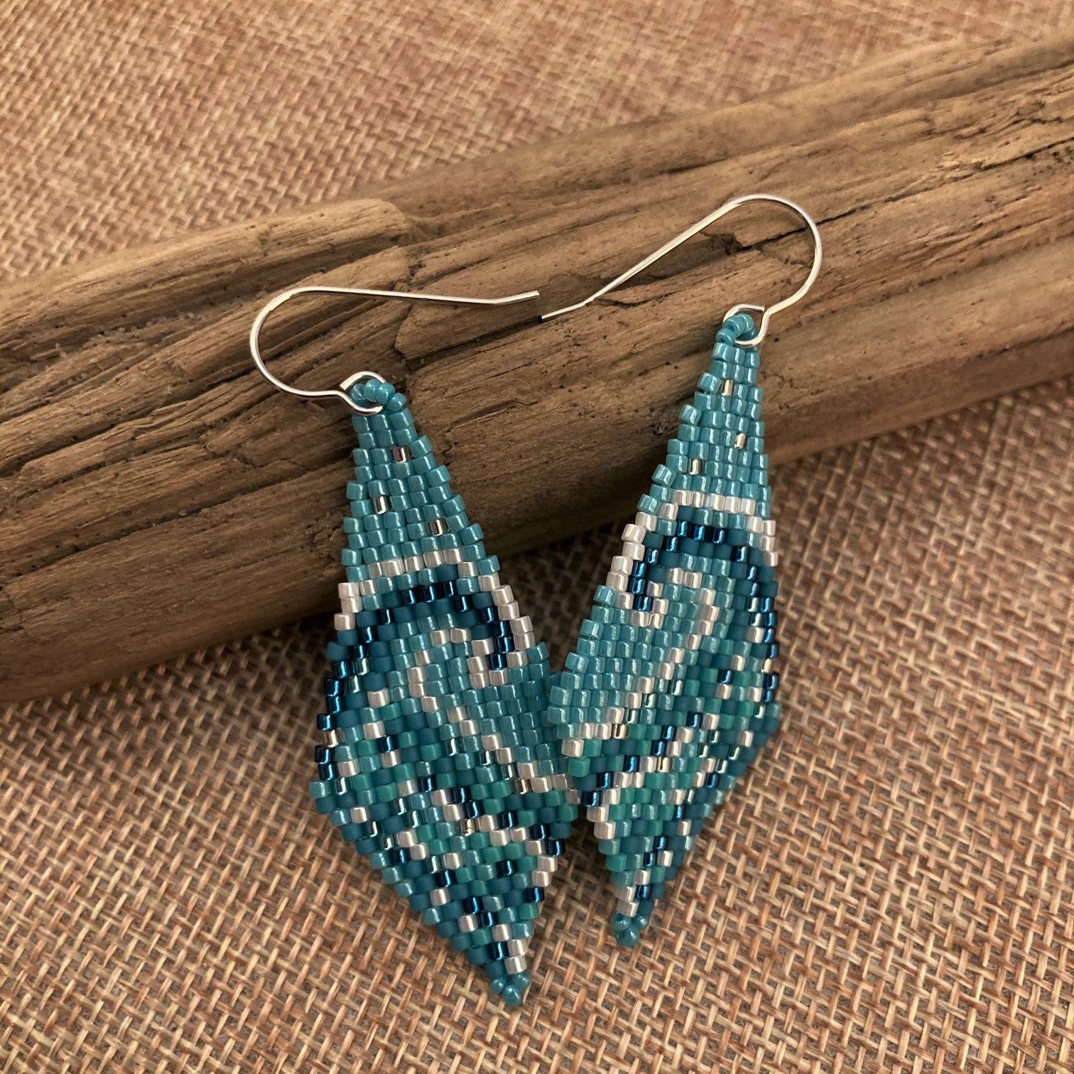 Earth Day Surf Ocean Beach swim resort peyote earrings Beaded by the Beach SUP paddle yacht boat USCG Navy Marines Lifeguard Vacation Boho Summer Water blues bead mini tapestry peyote