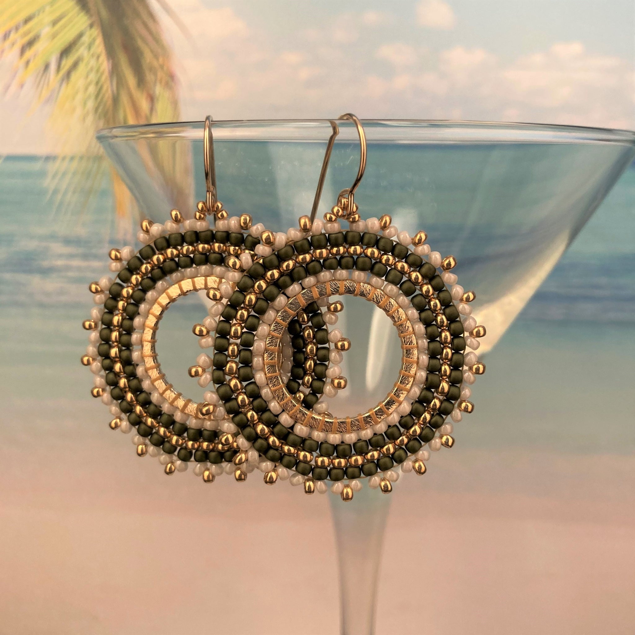 Petite Beaded Earrings in Olive Green Cream and Gold