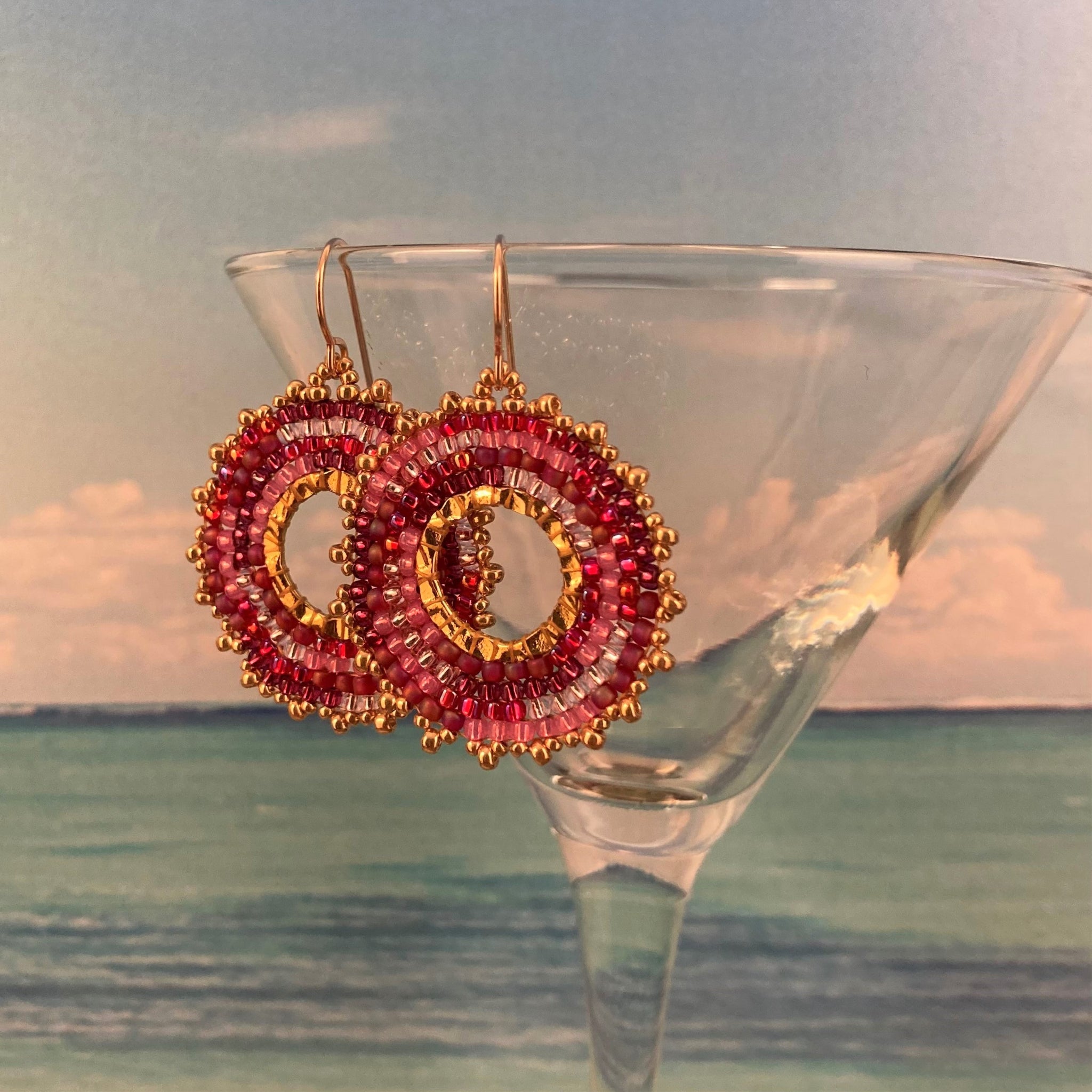 Petite beaded Hot pink raspberry wine light pink beads hammered hoops 14K gold filled lightweight sparkling statement Beaded By The Beach resort lightweight bridal prom party beach fun fashion custom artisan hand made in USA beach surf vacation Boho wedding special event ocean surf casual elegant hoop