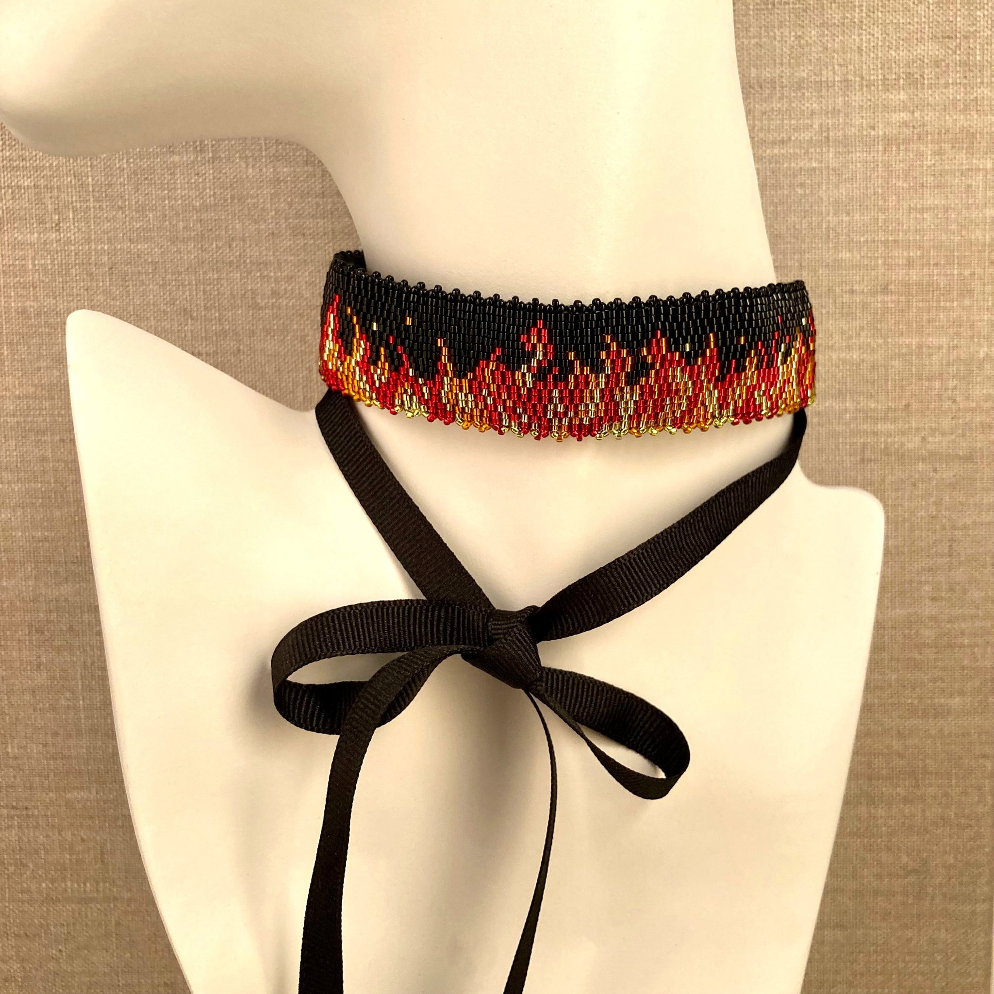 Beaded Collar Fire Choker Peyote Wide ribbon Runway ELLE Ralph Lauren style elegant sophisticated classy daring original design Vogue Couture lariat Hot night club sexy one of a kind handmade Beaded By The Beach USA America made