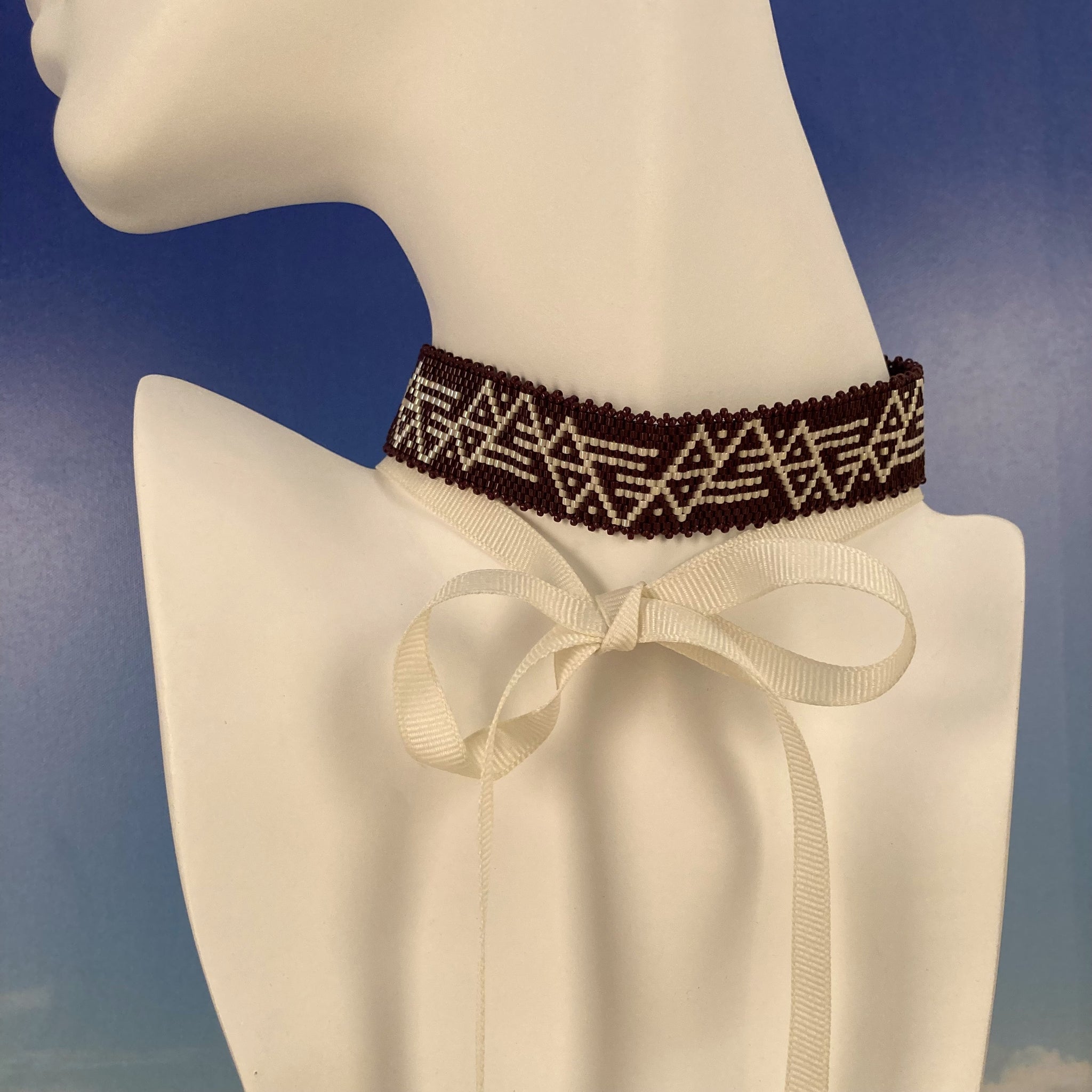 Beaded Choker Mudcloth Design in Brown and Cream Beige