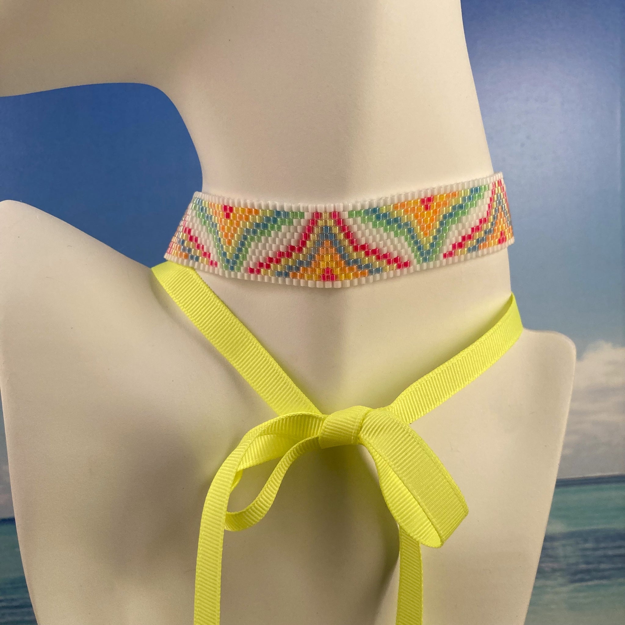 Beaded Neon Choker Neon Yellow Ribbon Vogue Couture UV light glow Night club Dance floor Wedding party edgy sexy handmade lariat tied dressy date night statement necklace one of a kind  Beaded By The Beach made in America USA 