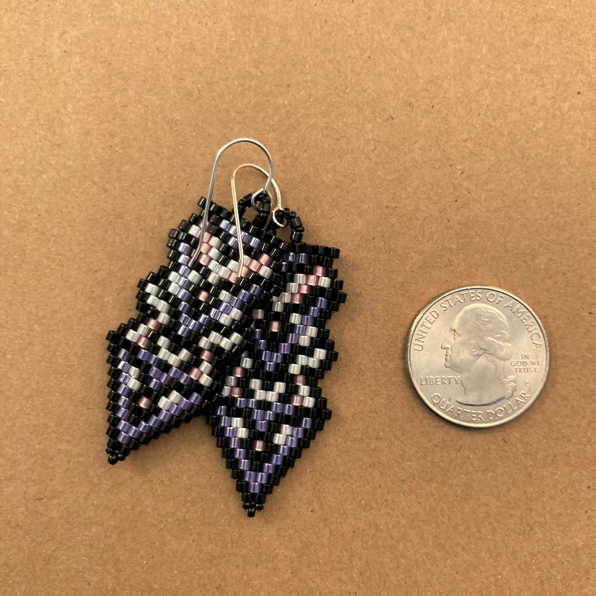 Beaded Arrow Earrings in Black Purple Silver and white