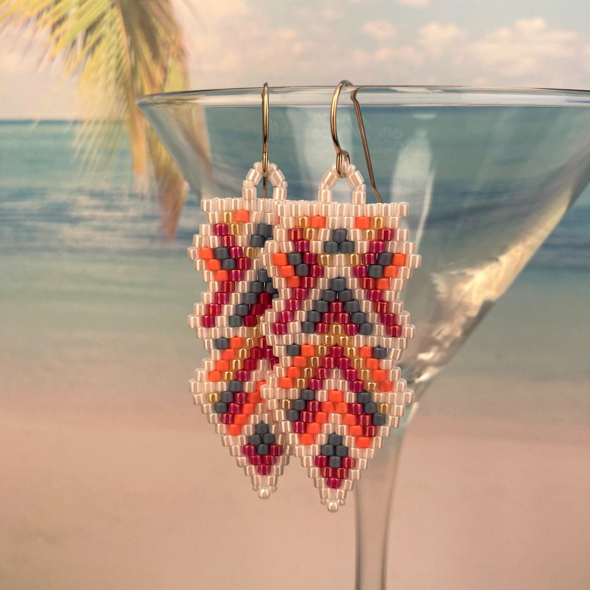 Beaded Arrow earrings on White Red Blue orange yellow Southwest boho vibe relaxed ranch USA handmade custom artisan prairie farm cow girl Beaded By The Beach party