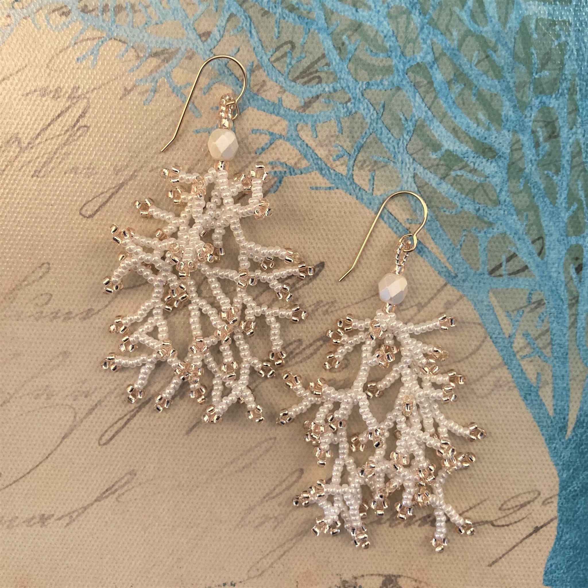 Coral branch tassel seed bead earrings beach destination wedding bridal pearly white full flirty ocean resort party prom gifts surf 14k Gold filled Sterling Silver 