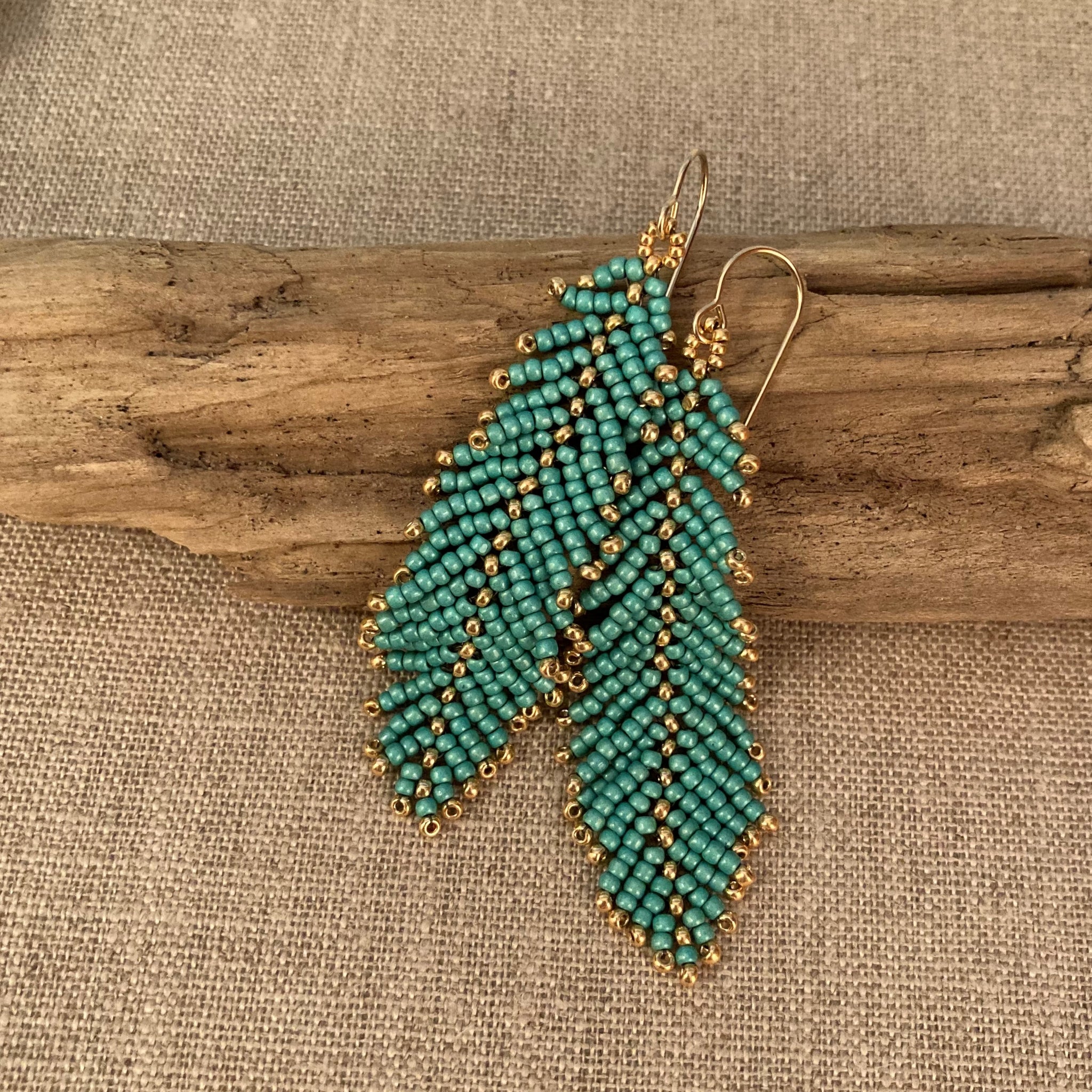 Feather leaf seed bead earrings Turquoise green gold 14K gold filled resort beach  Summer lightweight Beaded By The Beach handmade USA 