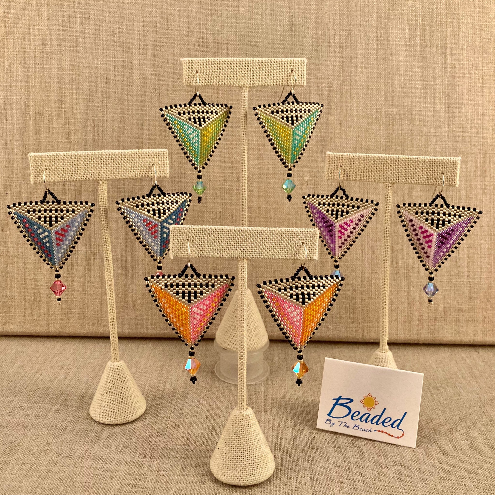 Modern Couture Handmade Beaded By The Beach Geometric Triangle Earrings in 4 four vibrant colors with matching large Genuine Swarovski Crystals Stunning 