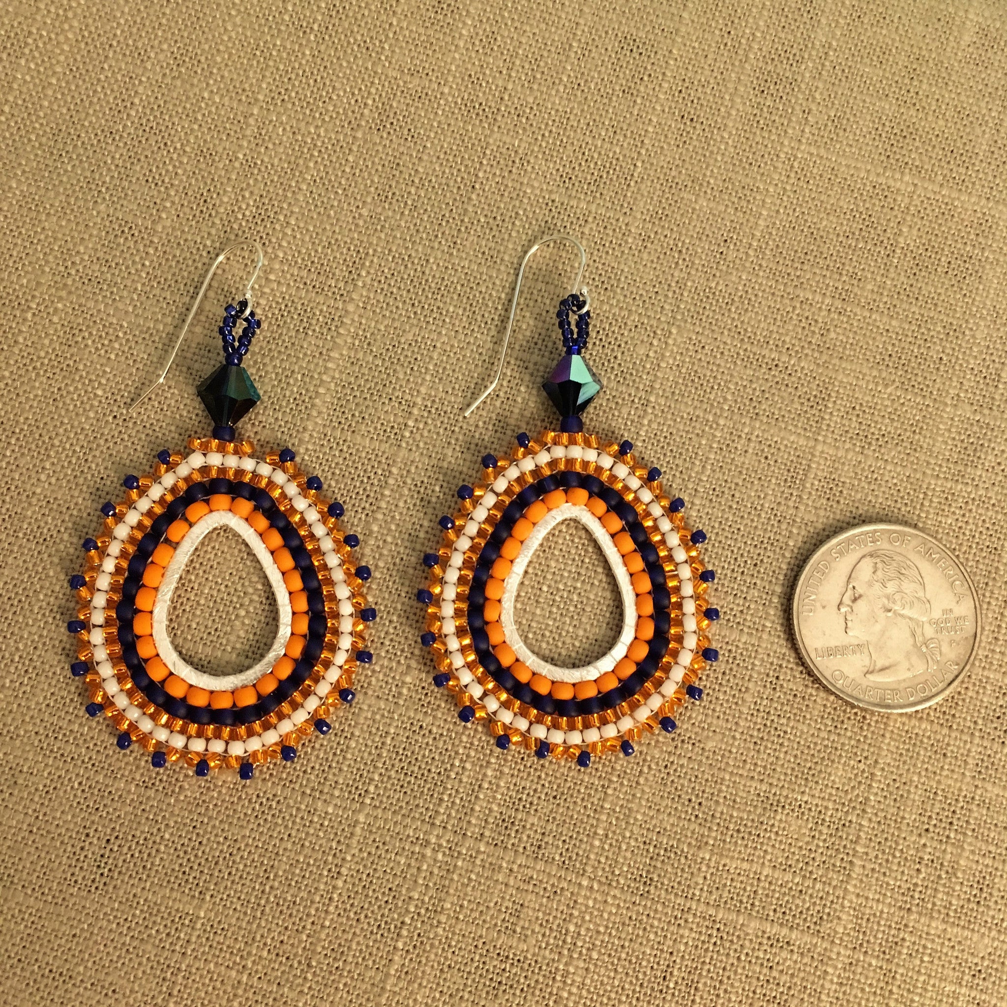 Orange, Blue and White Oval Teardrop Hoop Earrings with Genuine Swarovski™ Crystals