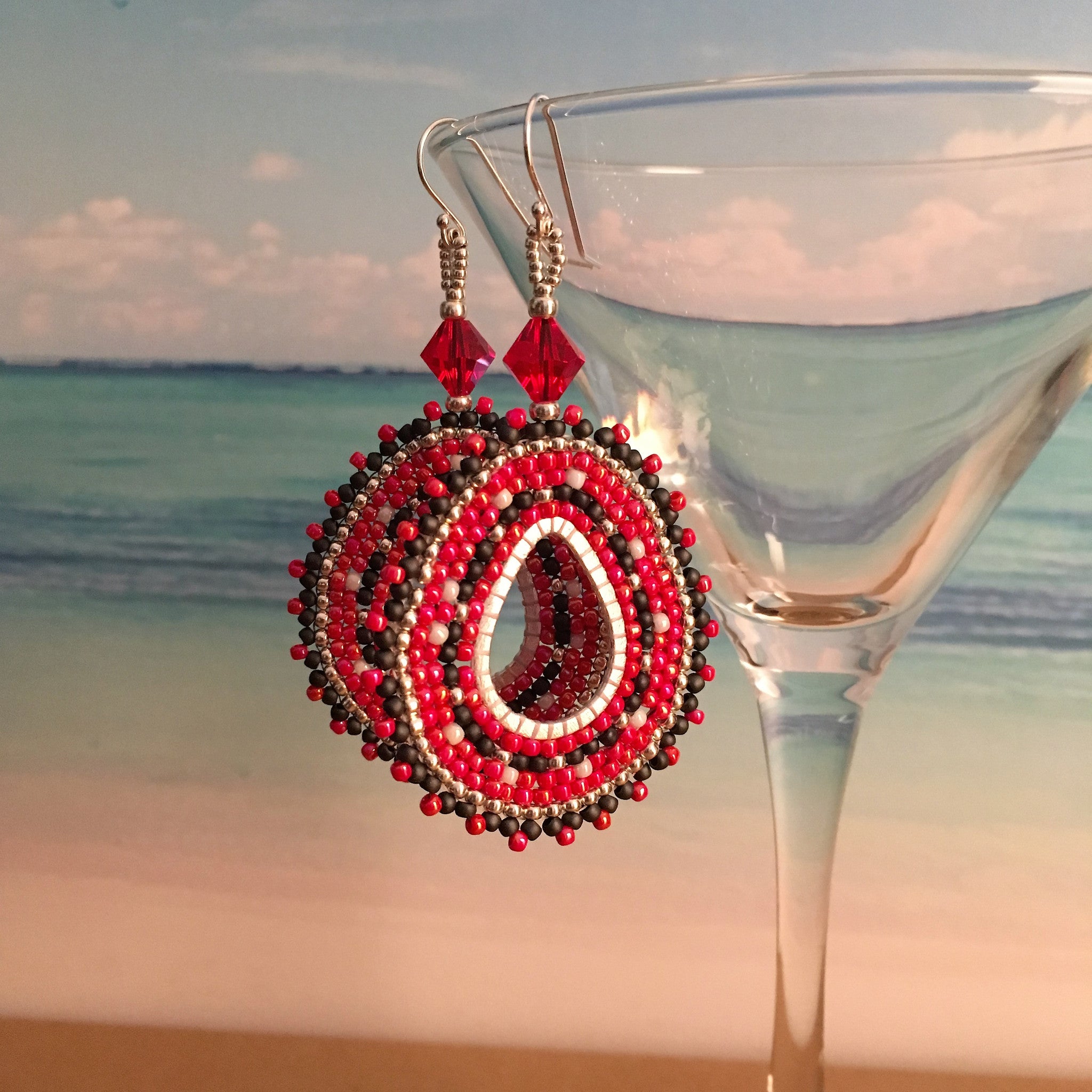 Rutgers Scarlet Knights earring colors Red Black White Silver beaded custom earrings made in New Jersey Swarovski crystals oval hoops prom bridal beaded by the beach 