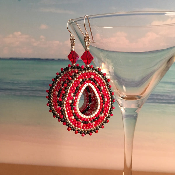 Rutgers Scarlet Knights earring colors Red Black White Silver beaded custom earrings made in New Jersey Swarovski crystals oval hoops prom bridal beaded by the beach 