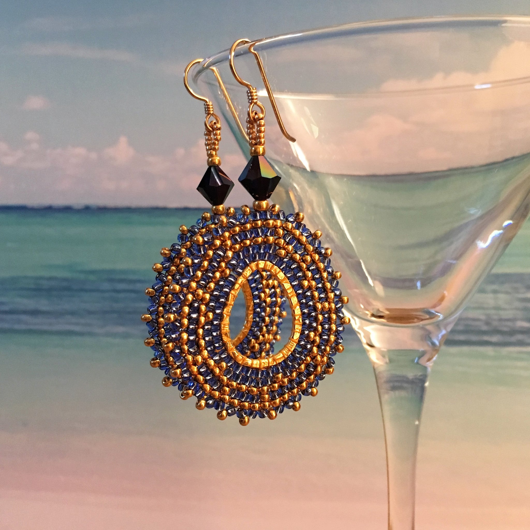Handmade beaded oval earrings blue gold Swarovski crystal 14K gold filled long lightweight elegant bridal party Beaded by the Beach