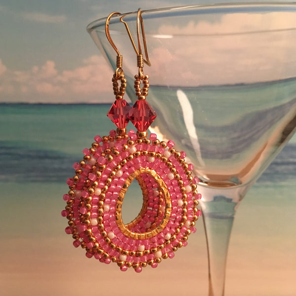 Handmade beaded earrings hot pink Swarovski crystals original design bridal party elegant prom sparkle