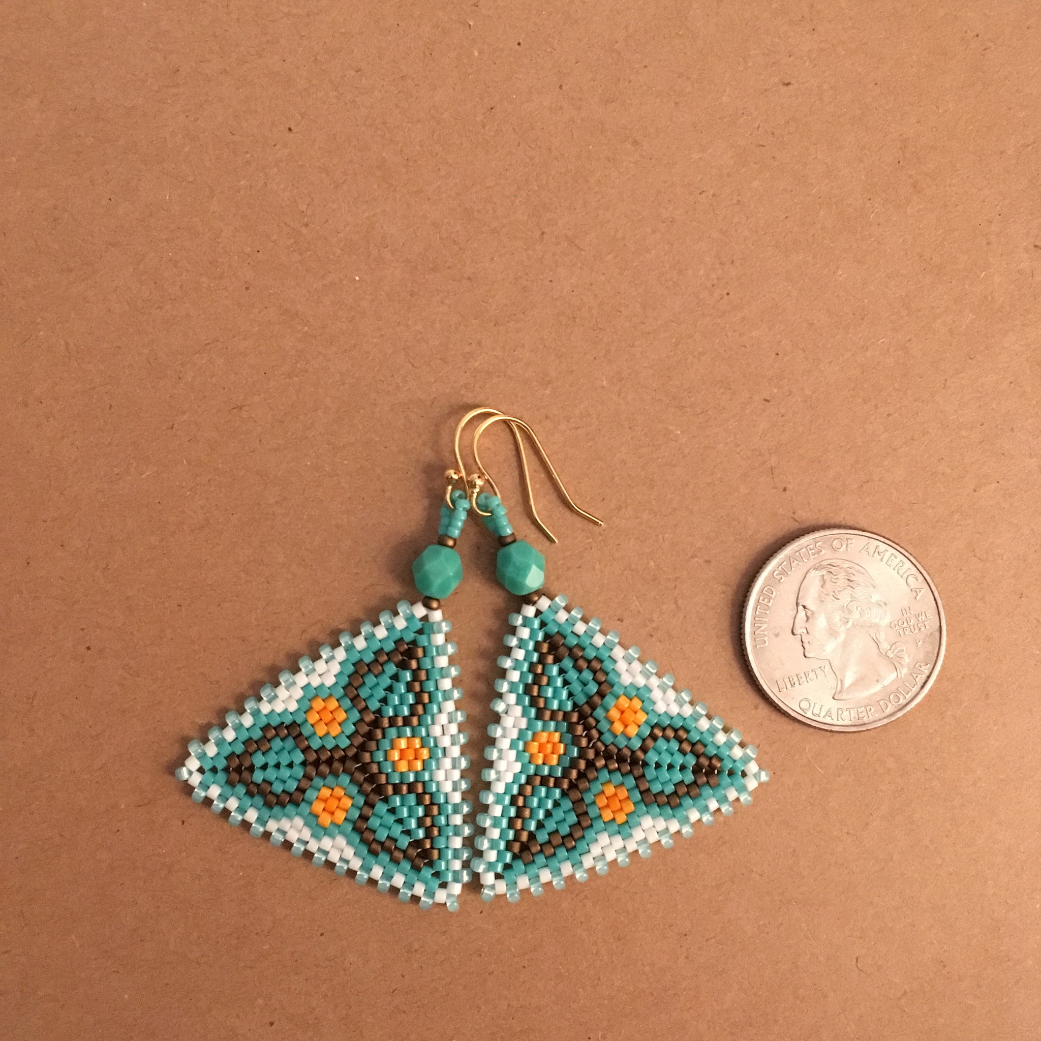 Turquoise Flower and Leaf Earrings in a Peyote Triangle