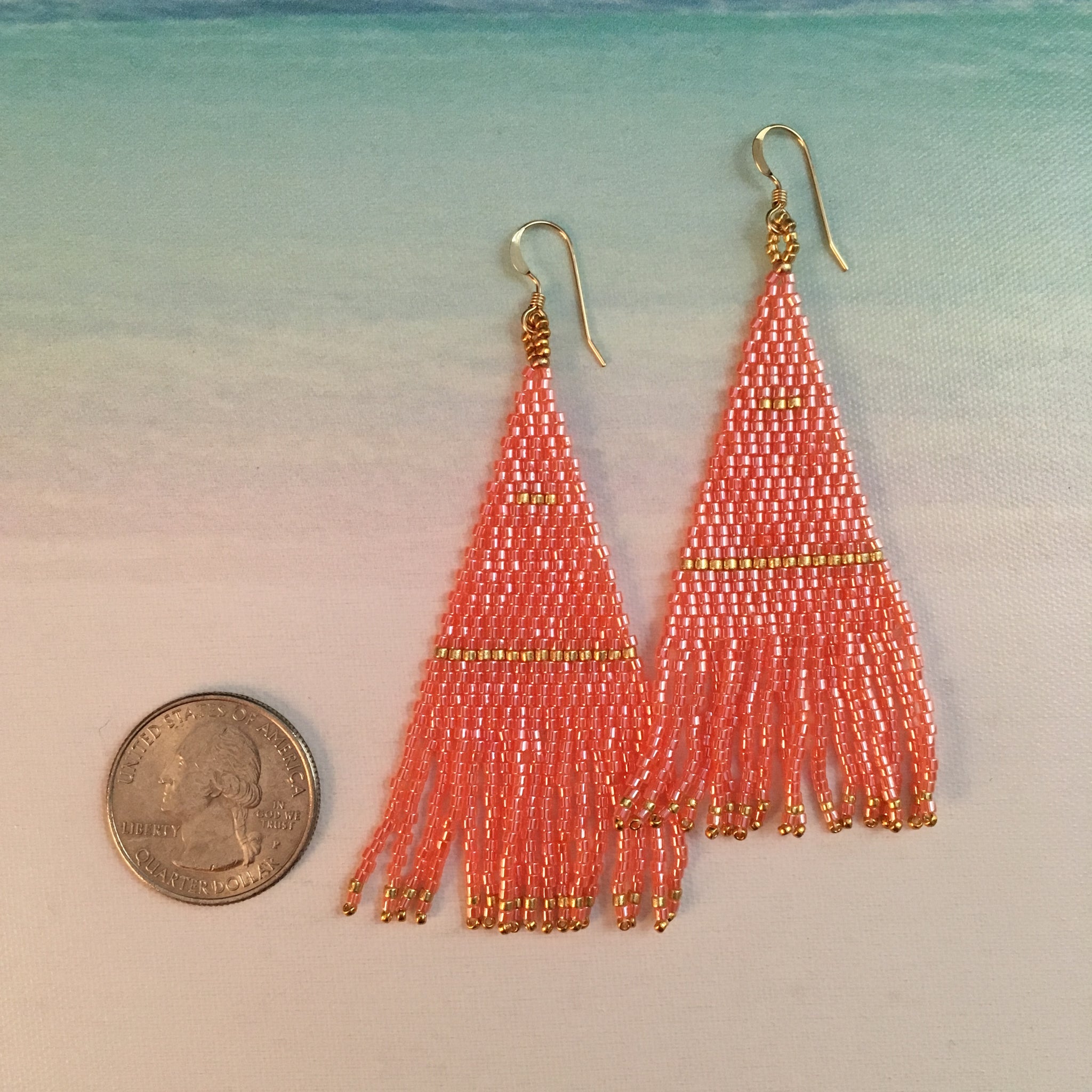 Beaded Tassel Fringe Earrings in Coral Peach and Gold