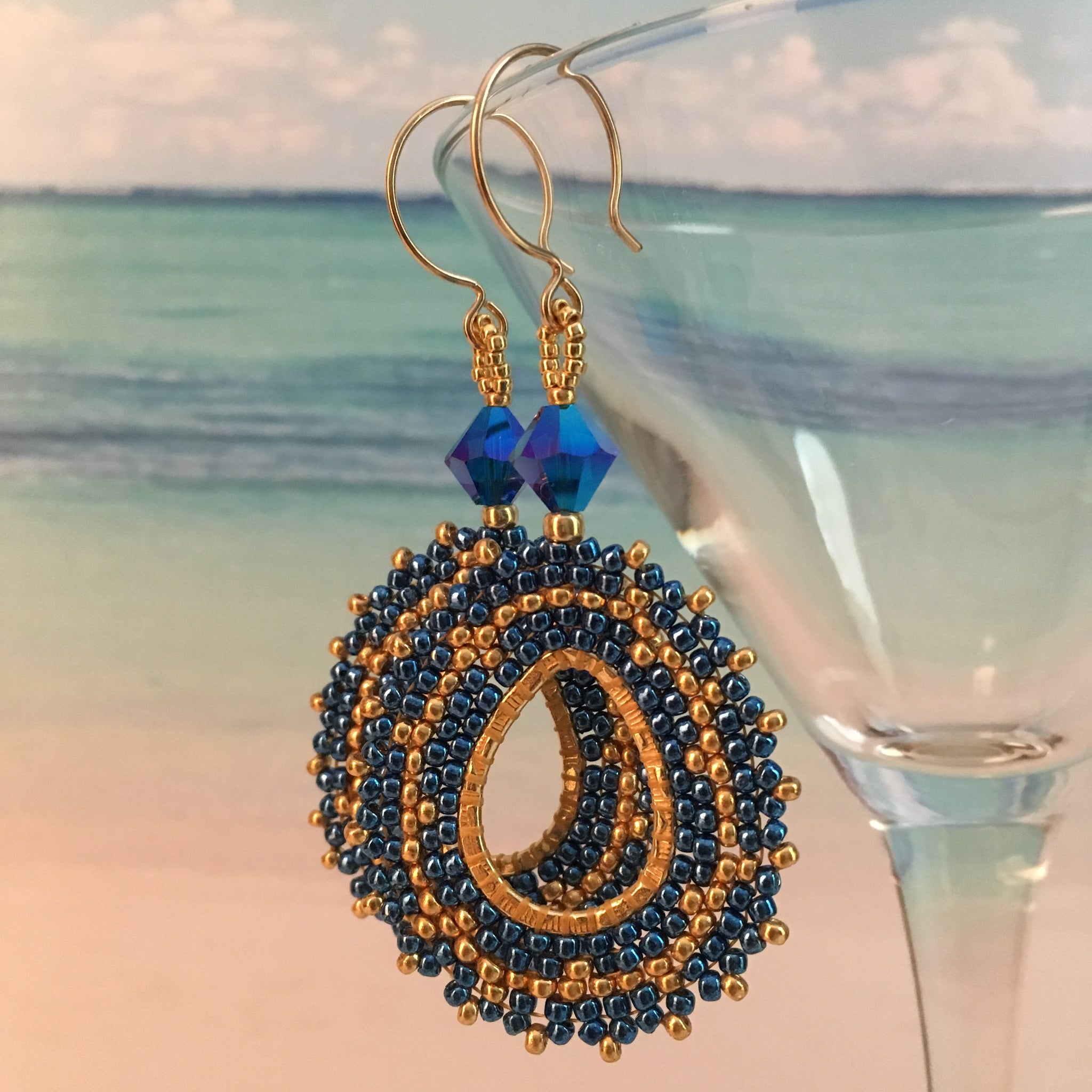 Handmade beaded oval earrings Swarovski crystals Capri blue gold 14K gold filled original design elegant bridal party prom beaded by the beach